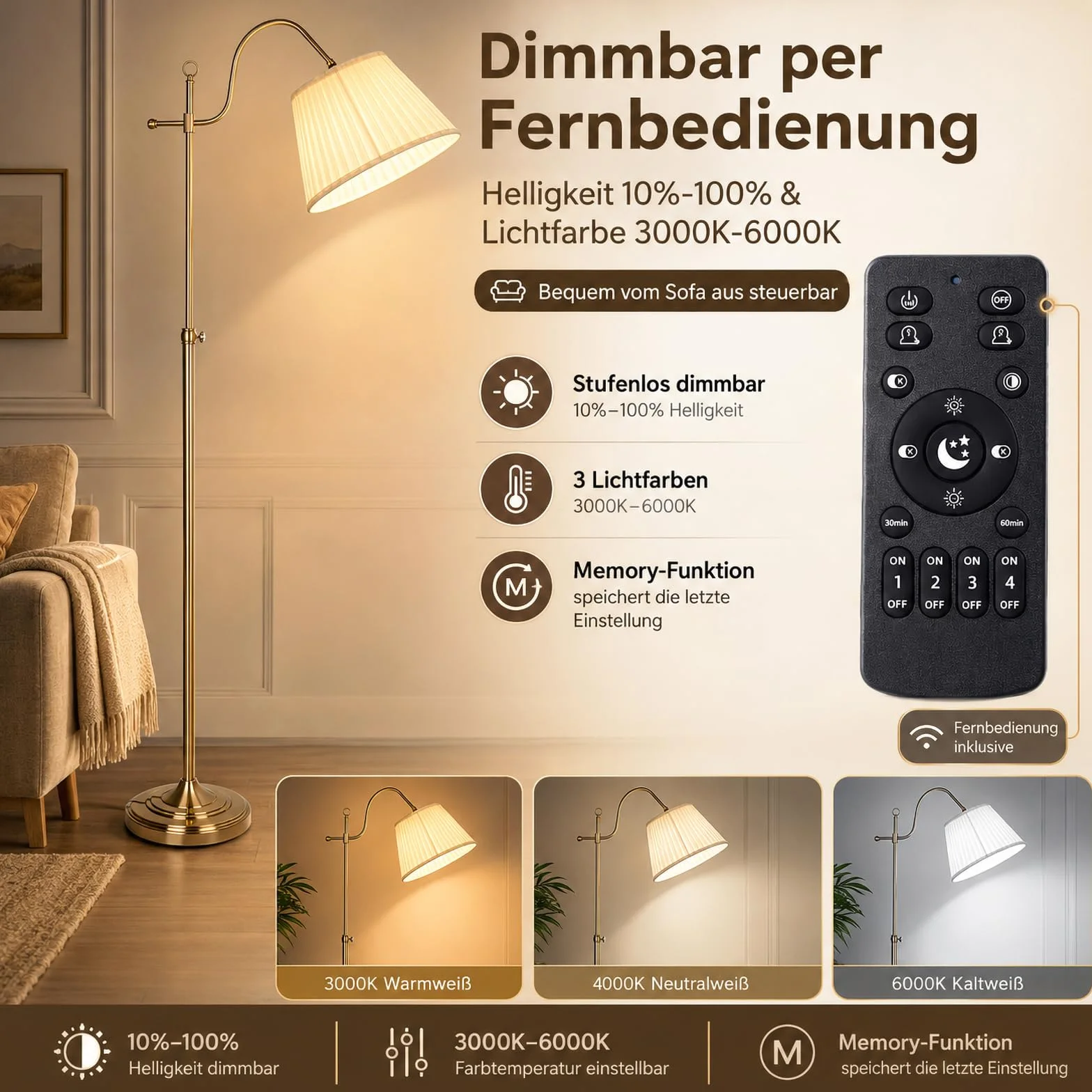 ACHNC Vintage lampa podłogowa LED na stojąco złota - lampka nocna i do czytania do salonu i sypialni - pionowa metalowa E27