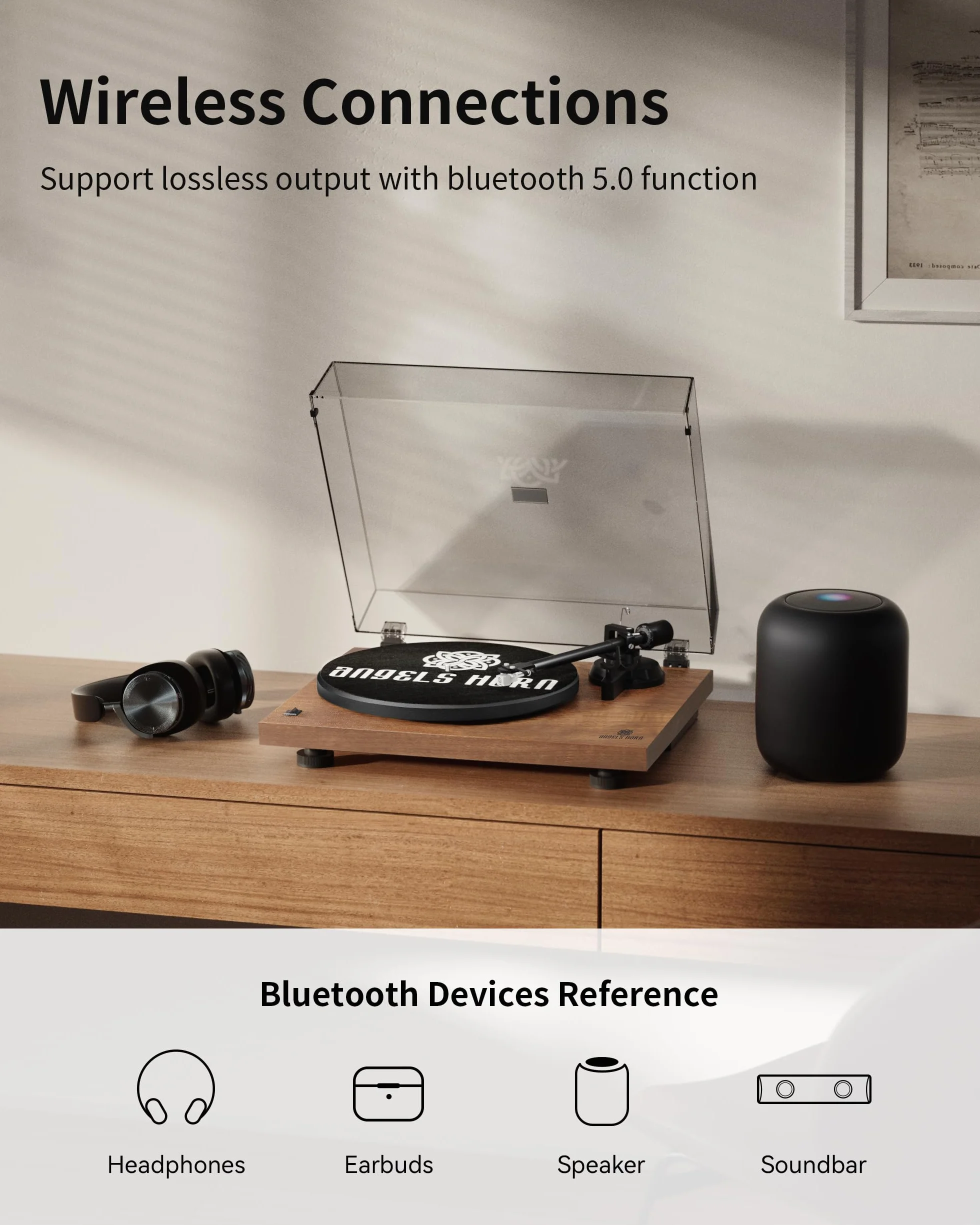 Gramofon Bluetooth 5.0 z napędem pasowym i wkładem AT-3600L