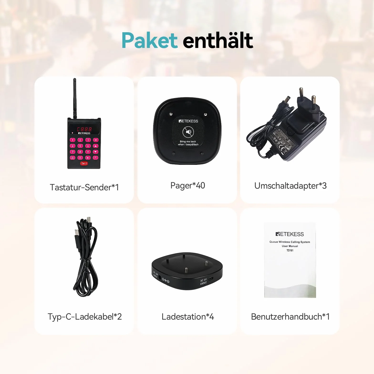 Retekess TD161 Bezprzewodowy System Przywoławczy 500M Pagery Restauracji 40 Sztuk Odłączana Klawiatura