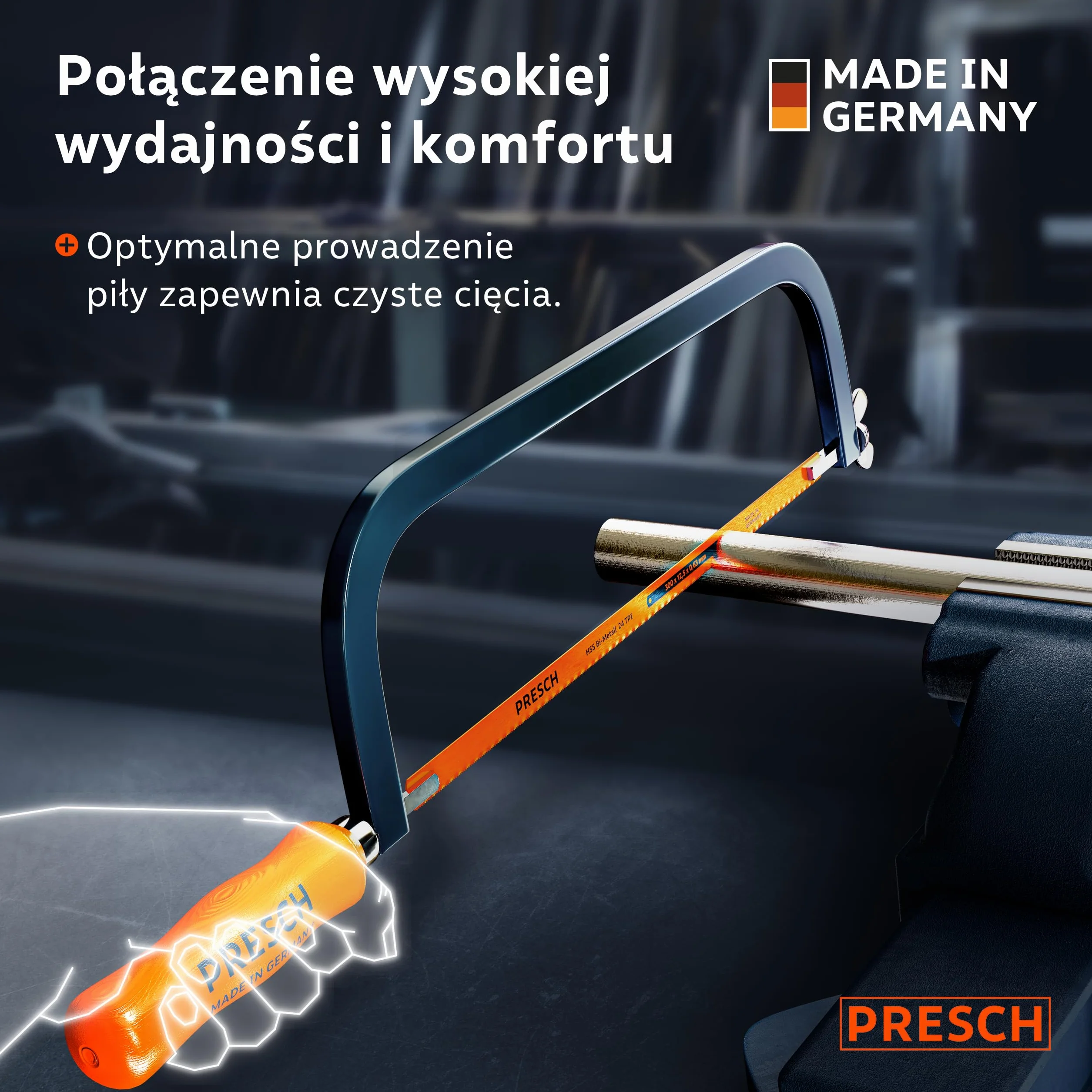 Presch Piła do metalu 300mm - Z brzeszczotem BI-metal do precyzyjnego cięcia - Obrót brzeszczotu o 90° do cięć poziomych i pionowych - Szybka wymiana brzeszczotów - Pila ręczna