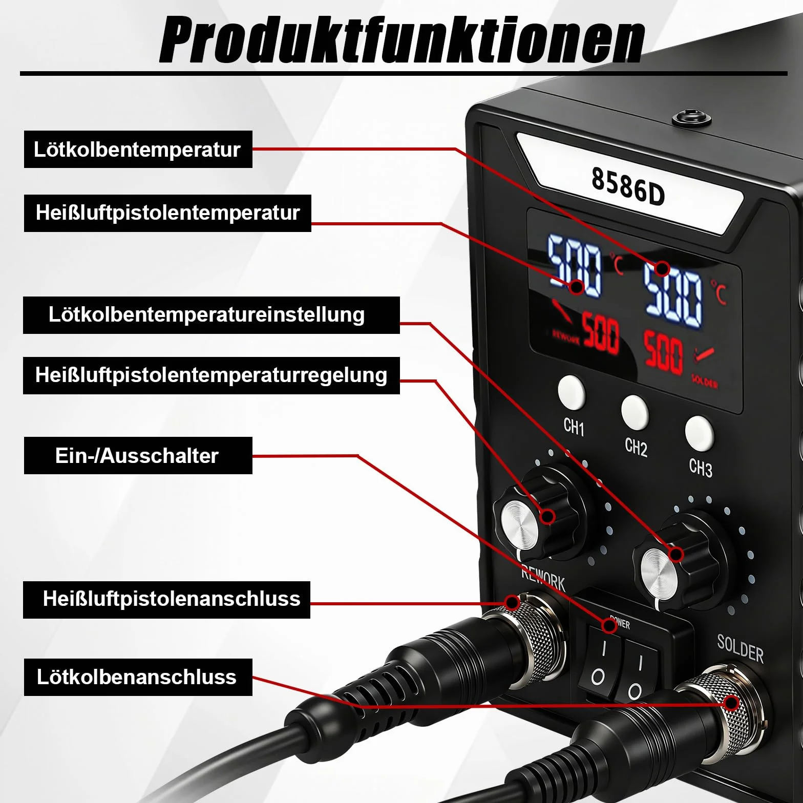 Zestaw 2 w 1 stacja lutownicza na gorące powietrze, 180-500°C, 8586D, cyfrowy wyświetlacz z pistoletem na gorące powietrze 700 W + lutownica 60 W, wiele końcówek, narzędzie do lutowania i naprawy
