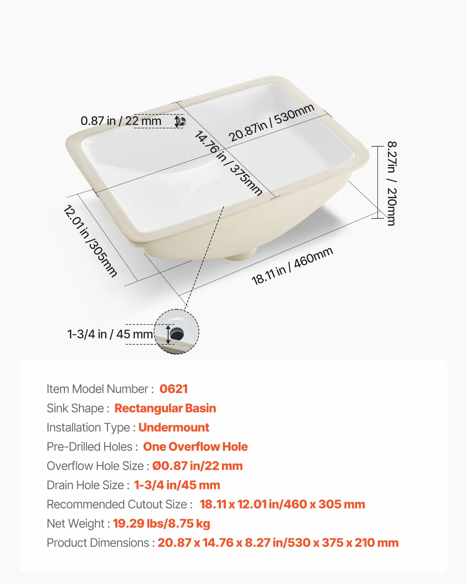 VEVOR Zlewozmywak łazienkowy pod blatem, prostokątny biały ceramiczny zlew z otworem przelewowym, pod blatem, nowoczesna toaleta, umywalka, prostokątna, mała przestrzeń