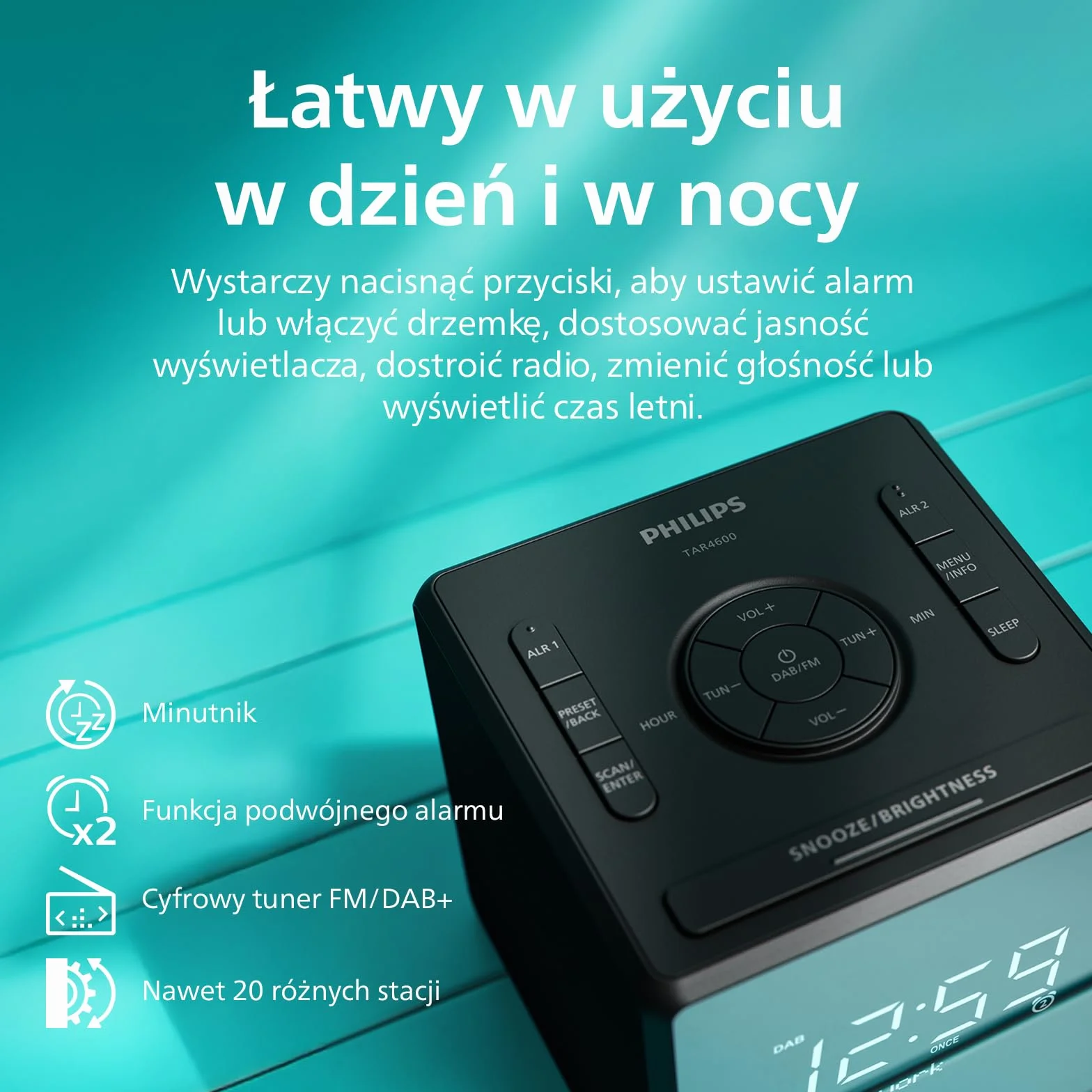 Philips TAR4650 podwójny budzik DAB/FM radiobudzik z USB
