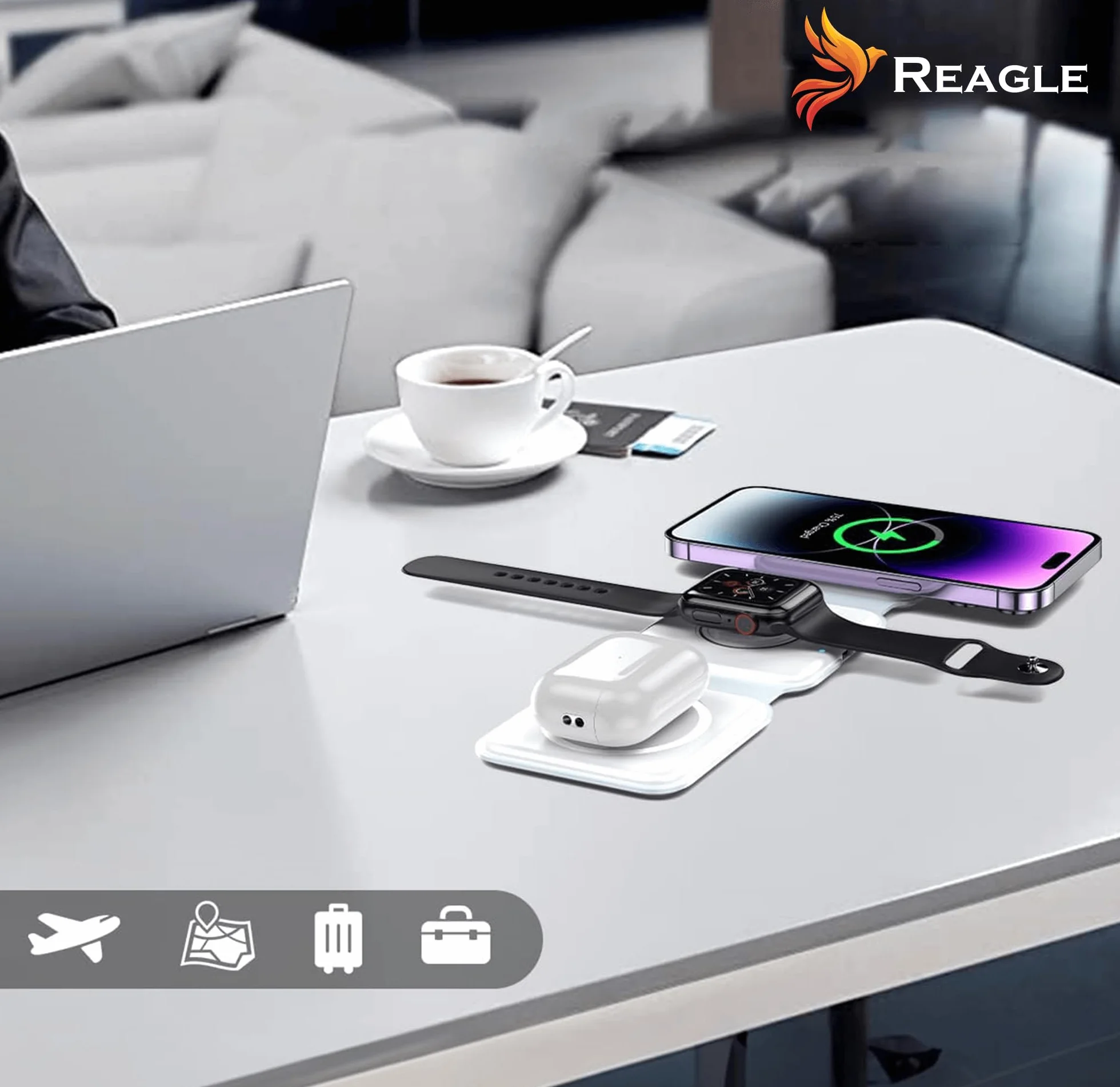 Reagle Składana indukcyjna bezprzewodowa ładowarka 3 w 1, 15 W stacja ładująca do Samsung S25 Apple Watch standard Qi