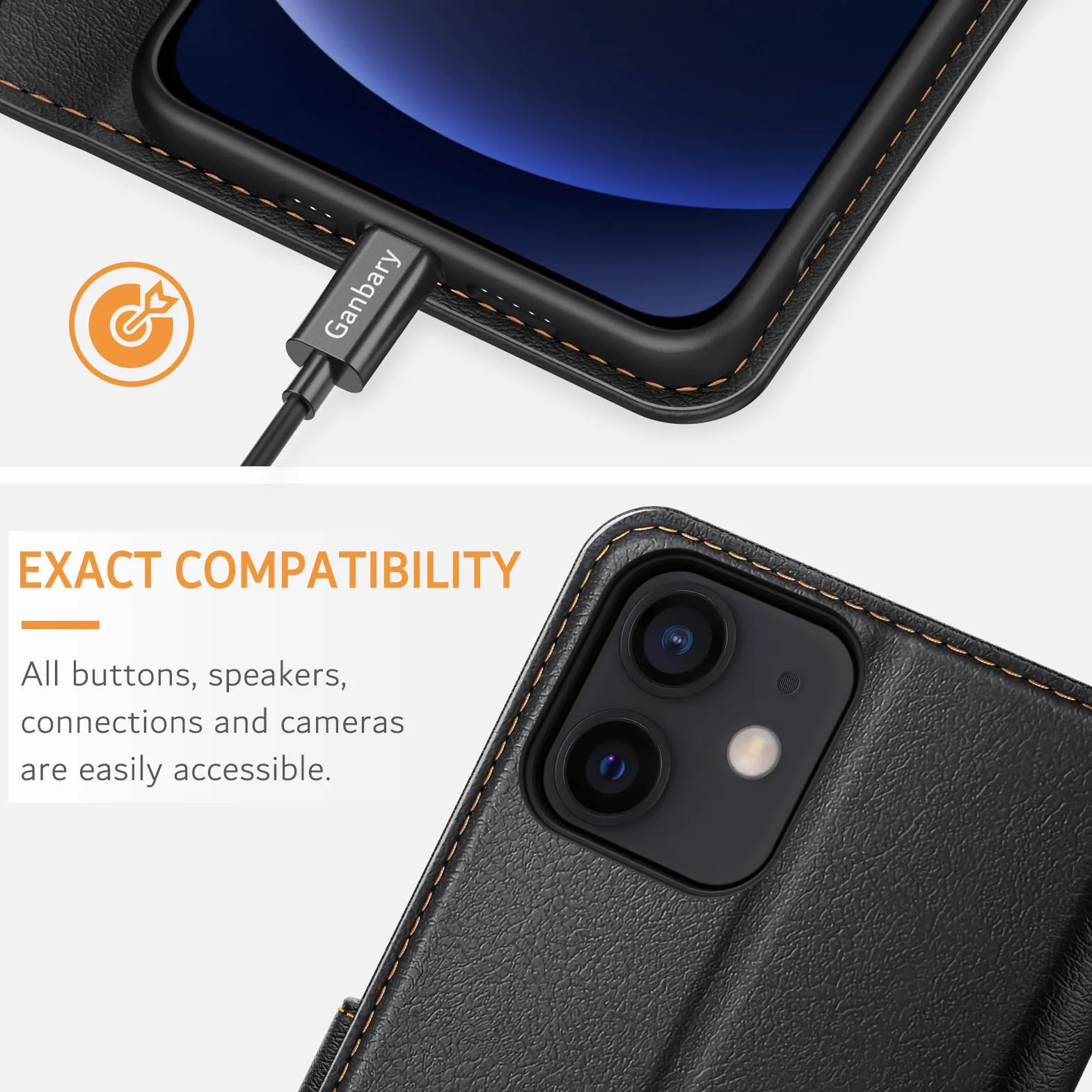 Ganbary Etui kompatybilne z iPhone 12/12 Pro, wysokiej jakości skóra PU z klapką portfel etui na telefon [pełna ochrona] [przegródki na karty] [podpórka] dla iPhone'a 12/12 Pro, czarne