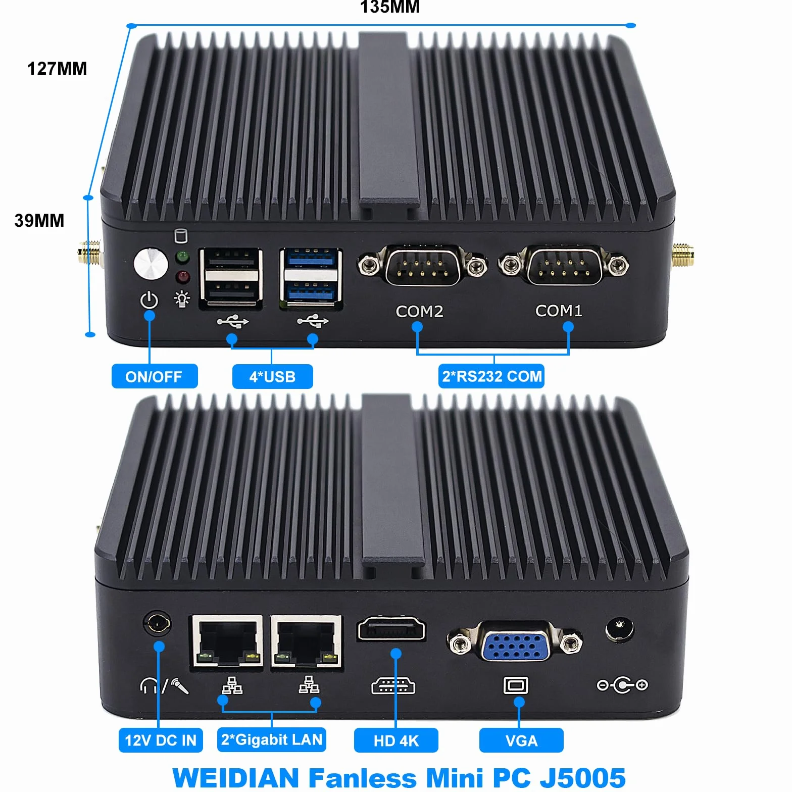 WEIDIAN J5005 Mini PC bez Wentylatora Bezwentylatorowy Przemysłowy, 4GB DDR4 RAM 64GB SSD Win11 Pro Mini Komputer, 2LAN, 2x RS232 COM, WiFi5 BT, 4K HD VGA, Embedded Przemysłowy Computer