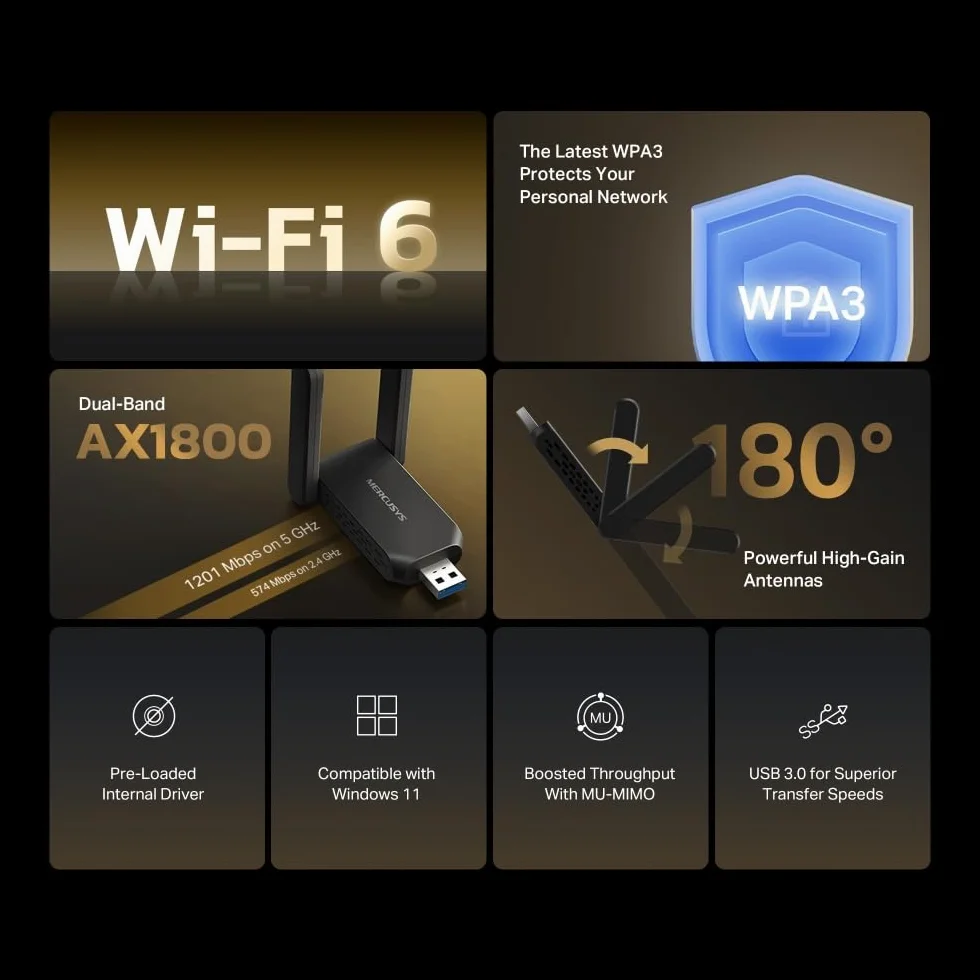 Mercusys MA72XH karta Wi-Fi AX1800 dwuzakresowa USB 3.0 WPA3 MU-MIMO Windows 11/10