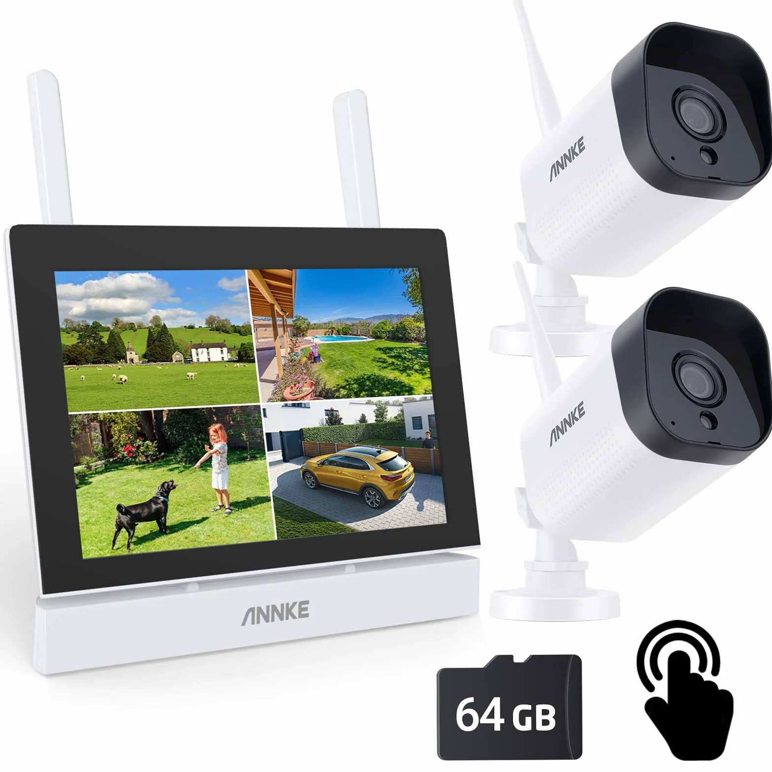 ANNKE Bezprzewodowy zestaw monitorujący z 7-calowym ekranem LCD, 4CH 5MP NVR z ekranem dotykowym IPS, 2 zewnętrzne kamery nadzorujące WiFi 3MP, 100ft noktowizor, wykrywanie człowieka, dwukierunkowy