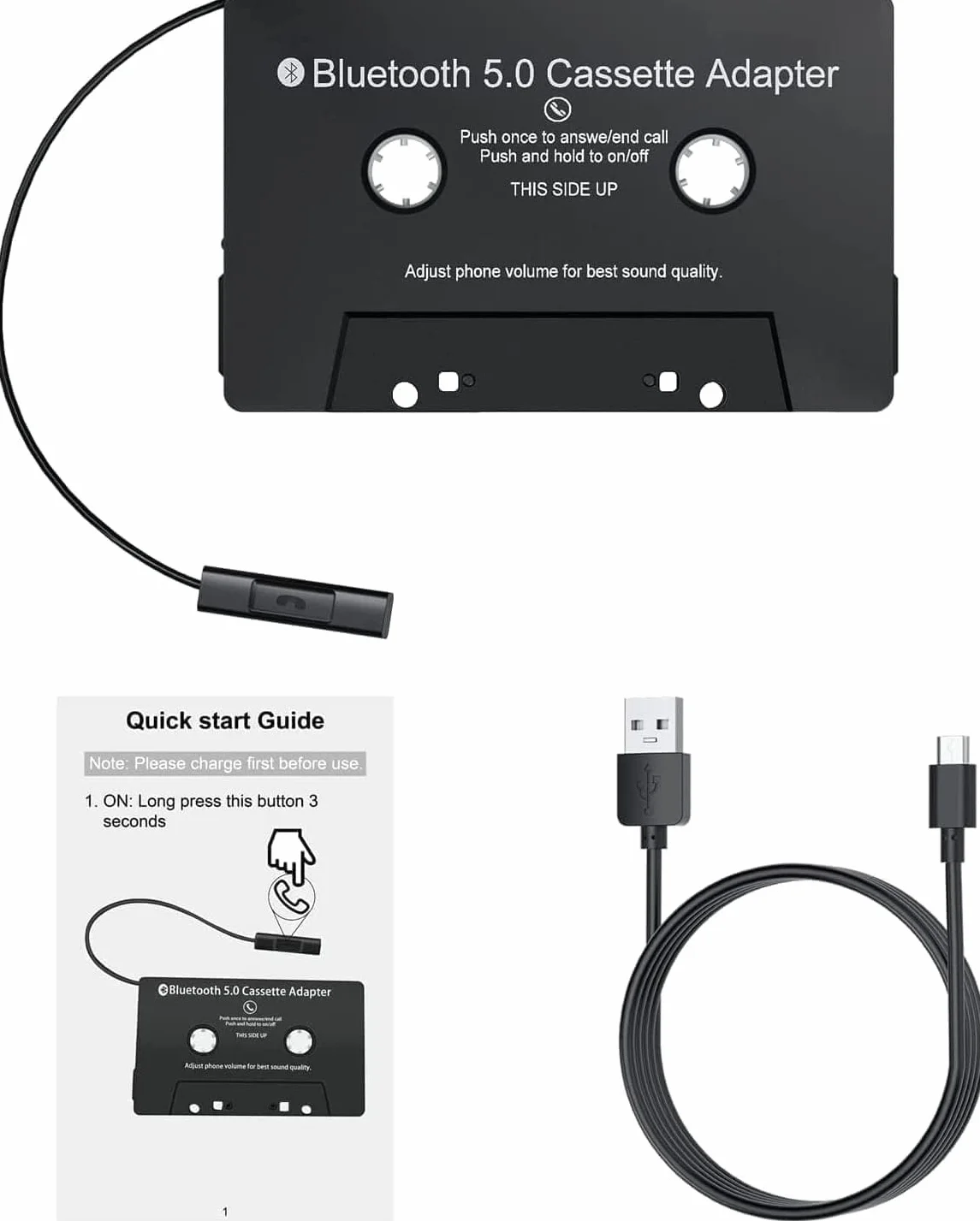 Adapter kasetowy aux samochodowy Bluetooth 5.0 audio z kasety na AUX z mikrofonem/przyciskiem sterowania zdalnego