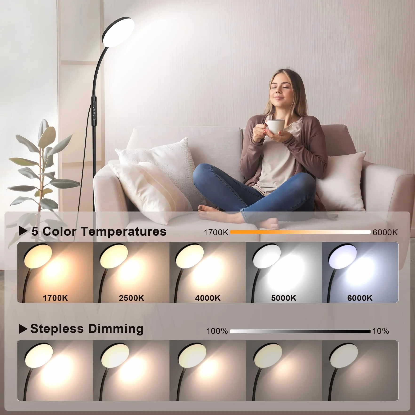 Mojimdo Lampa podłogowa 20000 Lux - elastyczna, ściemnialna lampa LED do terapii światłem z 5 kolorami, 10 poziomami jasności i wyłącznikiem czasowym
