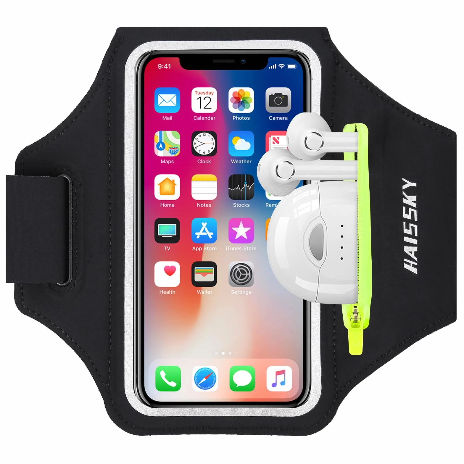 HAISSKY Opaska sportowa z kieszenią na słuchawki, sportowa opaska na ramię do iPhone'a 17 Pro Max 16 Pro 15 14 13 12 Plus, opaska na nadgarstek do smartfona do biegania na rowerze i wędrówek (czarna)