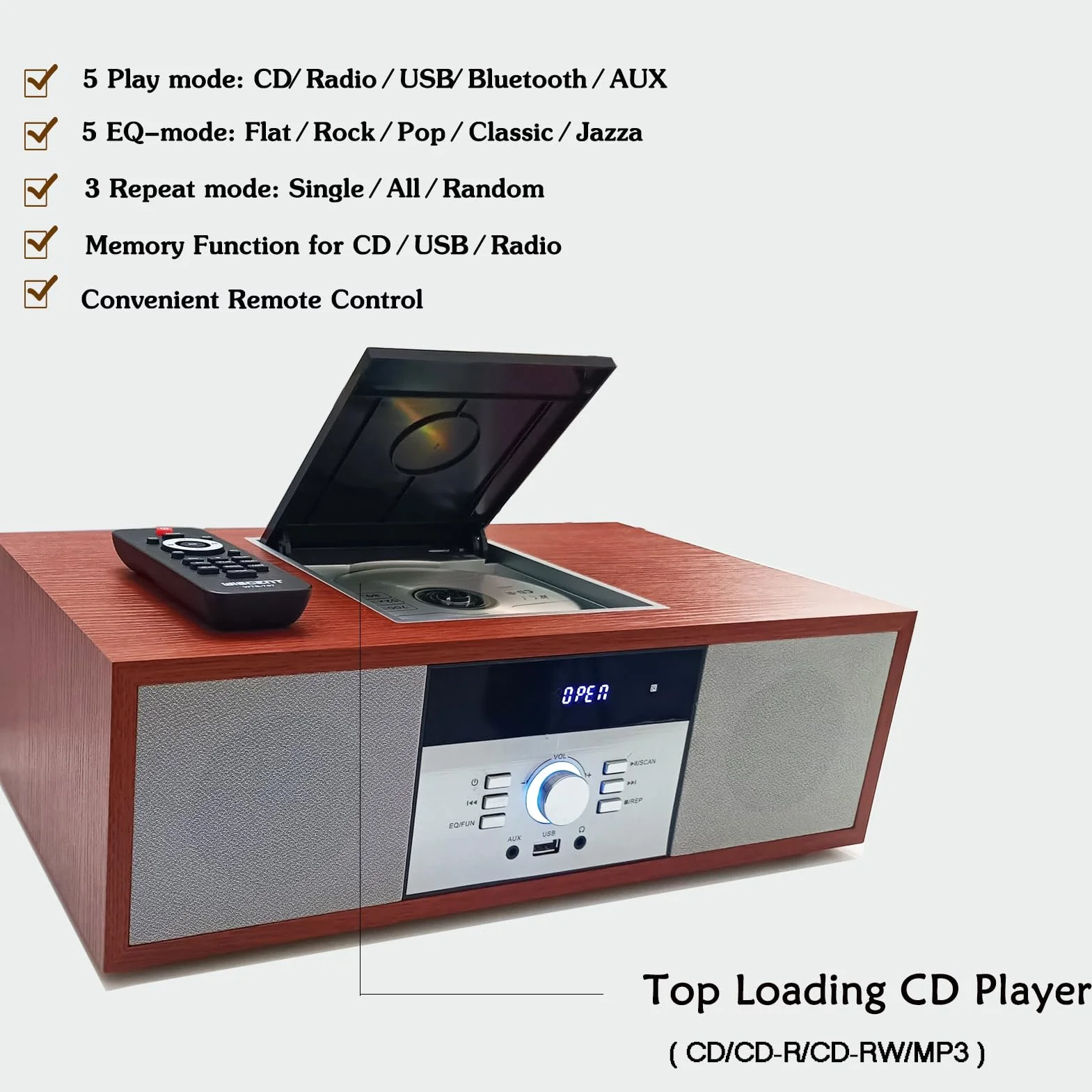 WISCENT Vintage Micro HiFi System Odtwarzacz CD Bluetooth Radio FM USB Aux-in
