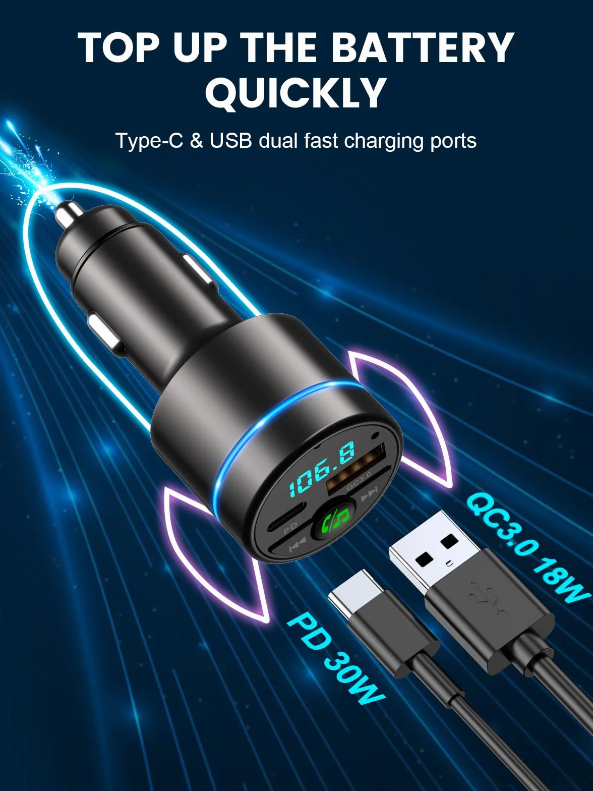 Mohard Nadajnik FM Bluetooth 5.3, całkowicie metalowy samochód Bluetooth, szybka ładowarka samochodowa PD 30 W typ C+ QC3.0, z redukcją szumów podczas rozmów w trybie głośnomówiącym, muzyka Hi-FI,