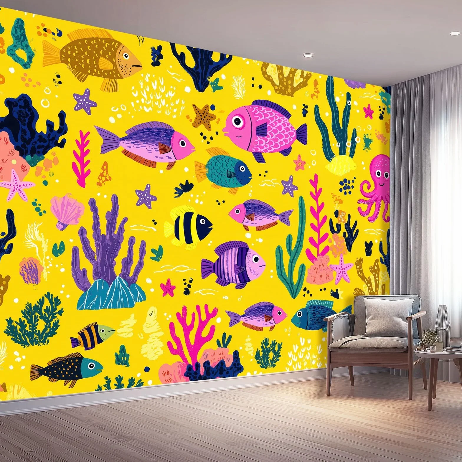 Zabawa dziecięca Rozgwiazda Rozgwiazda Fish Tynk Fototapeta Moda Mural Dekoracja ścienna 400 x 280 cm Gigantyczny plakat Projekt Papier ścienny Żółty