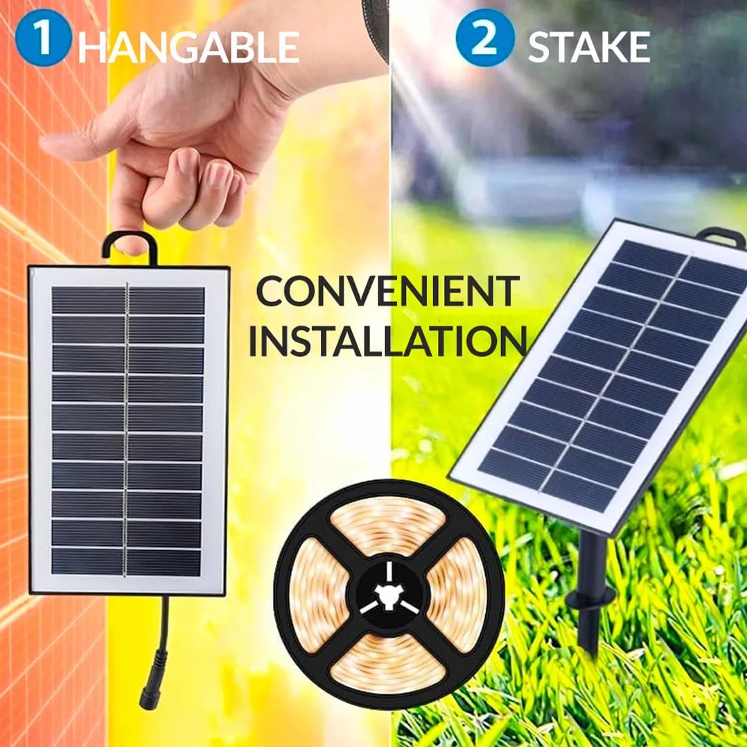 M Ledme - Zewnętrzna solarna listwa LED do ogrodu 5 metrów z pilotem, wodoszczelna IP68, 300 diod LED, ciepła biel, z zestawem instalacyjnym do paneli słonecznych, do ogrodu, domu, dekoracyjna