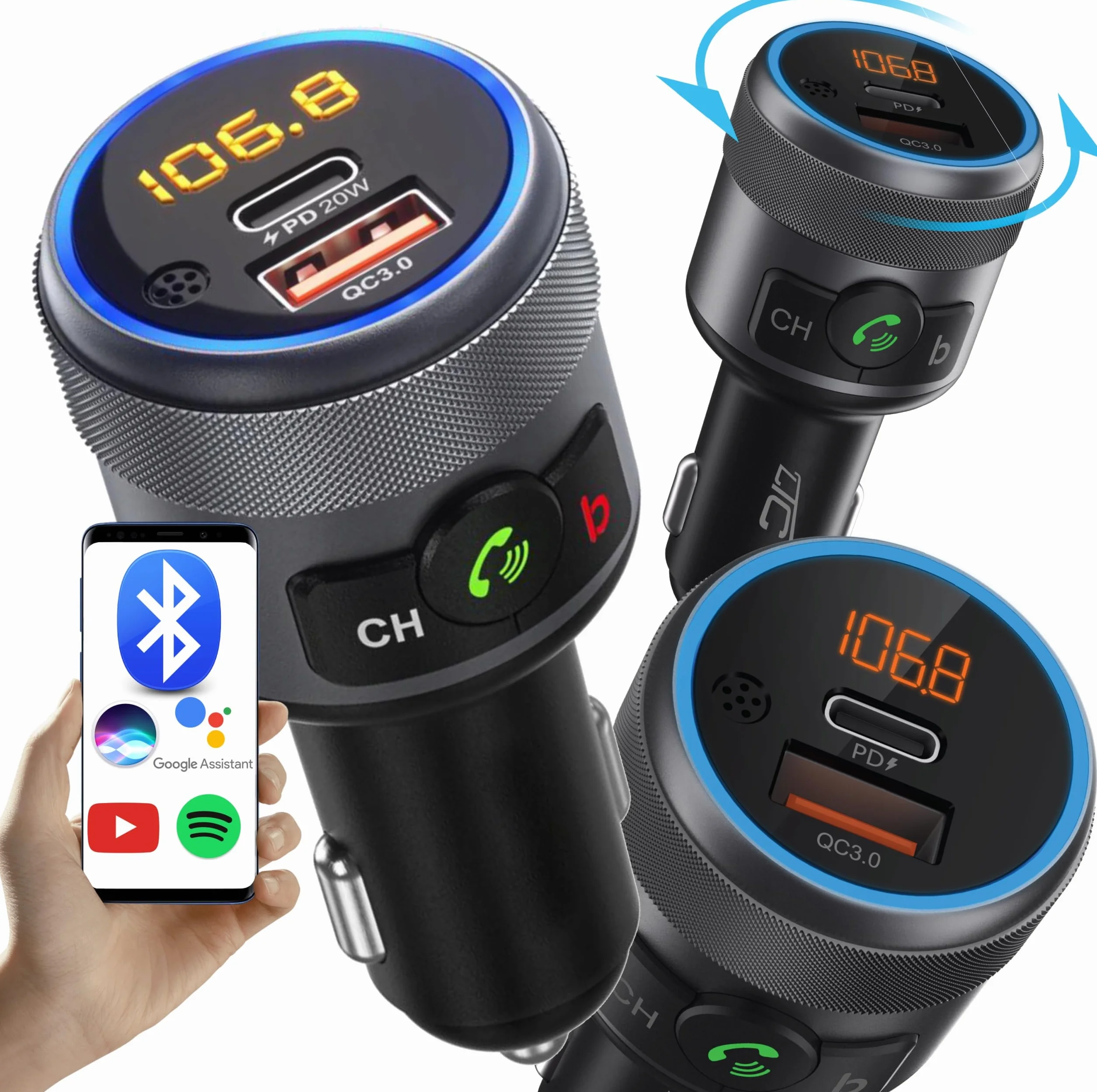 LTC TR252 Transmiter Samochodowy Bluetooth 5.1 Zestaw Głośnomówiący Szybka Ładowarka Power Delivery 3.0 Tester Napięcia Akumulatora