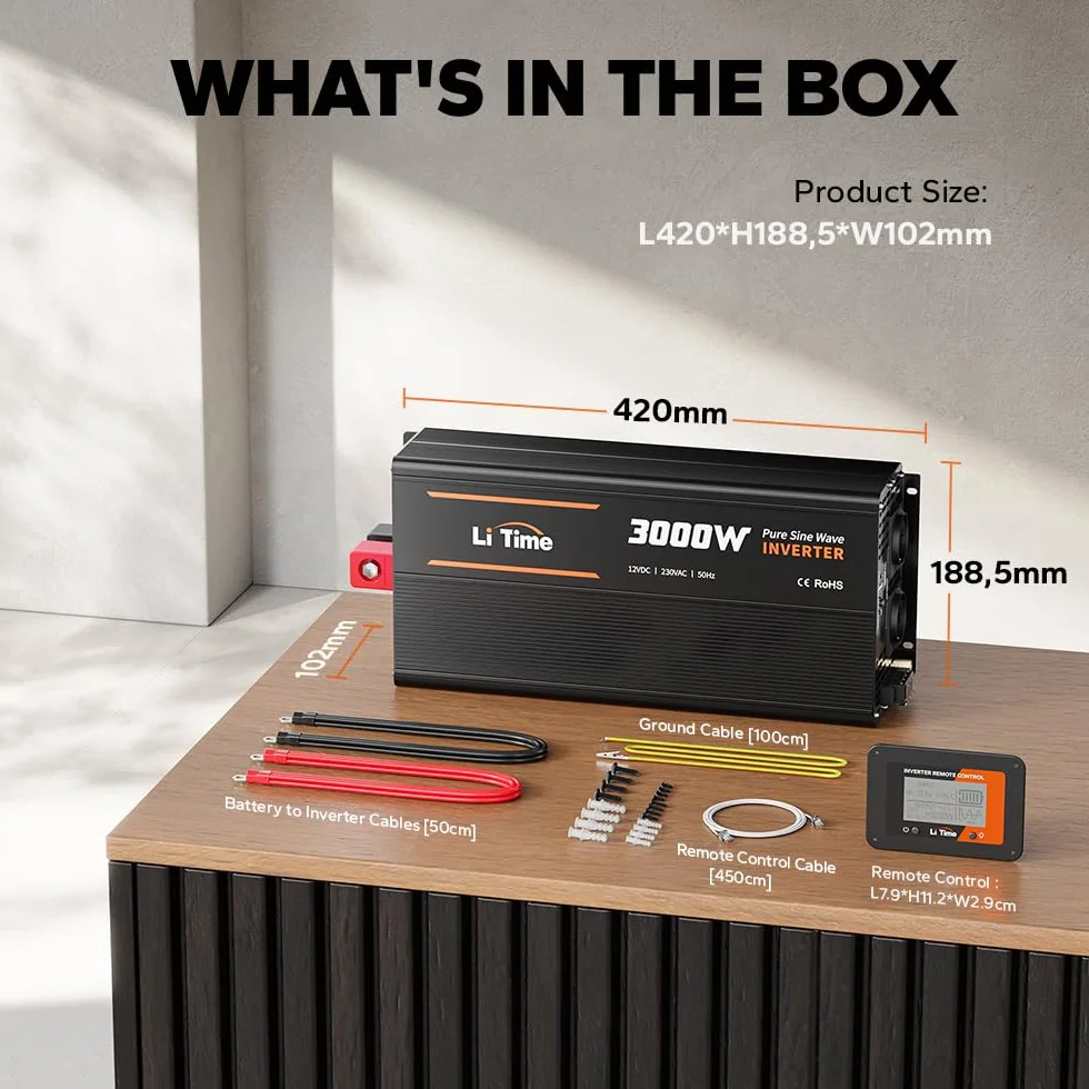 LiTime Falownik fali sinusoidalnej 3000 W 12 V DC na 230 V AC konwerter do kempingu