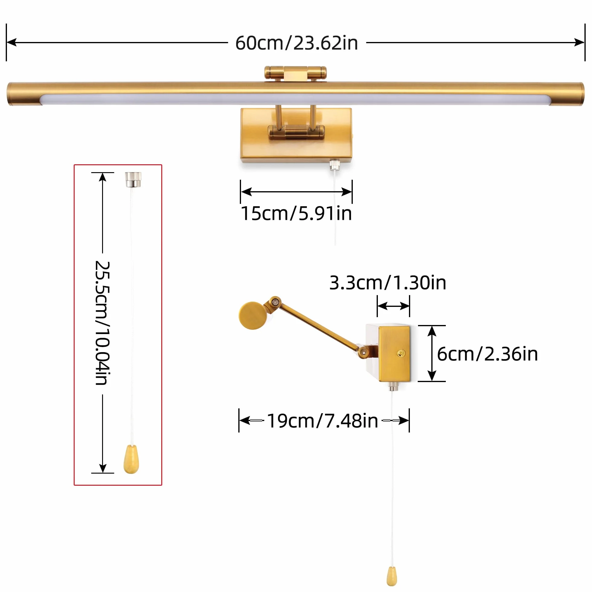 60cm Lampa LED do oświetlenia obrazu, 12W lustro łazienkowe, lampa ścienna z obrotową głowicą lampy do sypialni, 3000K hotelu restauracji stolik nocny, lampa do czytania 960lm mosiądz