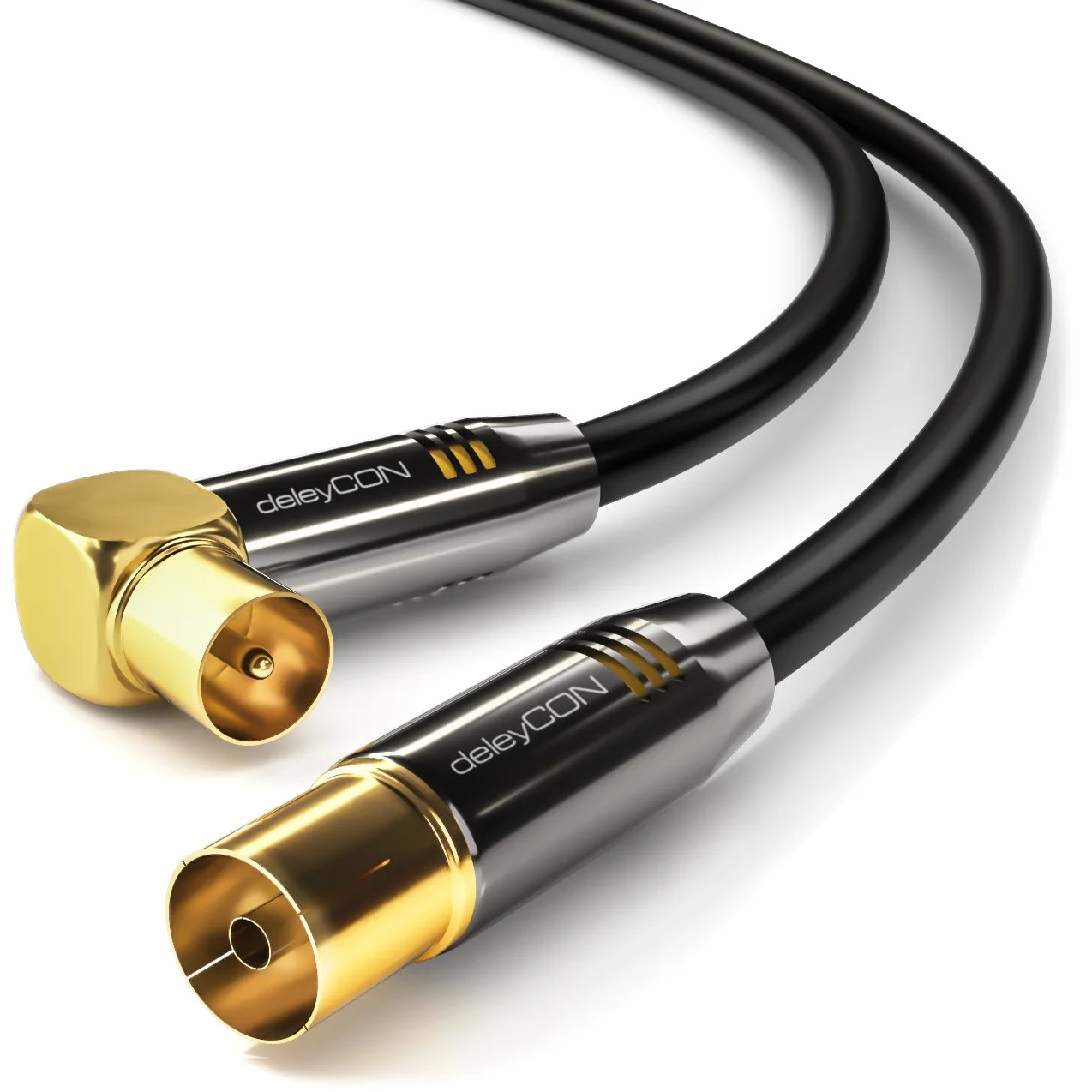 deleyCON 1,5m Kabel Antenowy TV 4K, Koncentryczny - 4K Ultra HD Full HD HDTV - 1x Wtyk IEC Kątowy 90° do Gniazda IEC Prostego - TV/Radio DVB-T2, Metalowe Złącza - Czarny