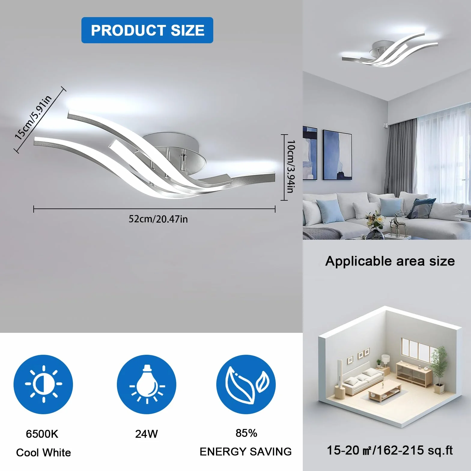 Dorlink Nowoczesna lampa sufitowa LED, 6500K zimna biel żyrandole kuchenne, 24 W 1920 lm żyrandol LED do sypialni, 4 lampy sufitowe zakrzywione fale, żyrandol do salonu, Ø52 cm