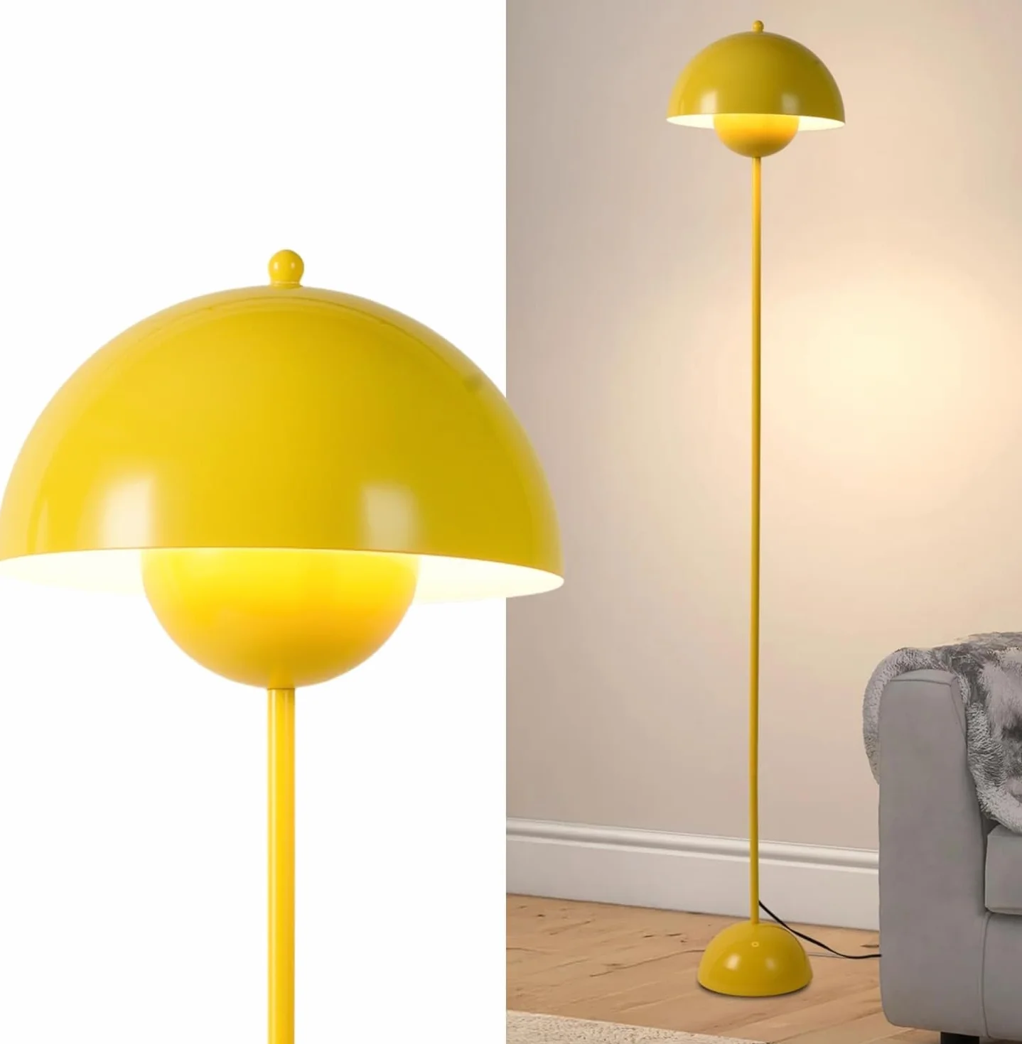 Alpinaluz Lampa podłogowa ze stali z wypukłym abażurem, nowoczesna, nordycka i retro, światło pośrednie, gwint E27, przełącznik nożny, do salonu, sypialni lub jadalni (żółta)