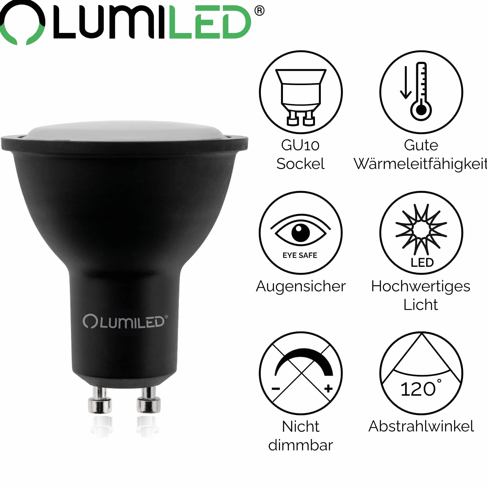 LUMILED Żarówka LED GU10 Reflektor PAR16 6W 580lm 4000K 120° Czarna