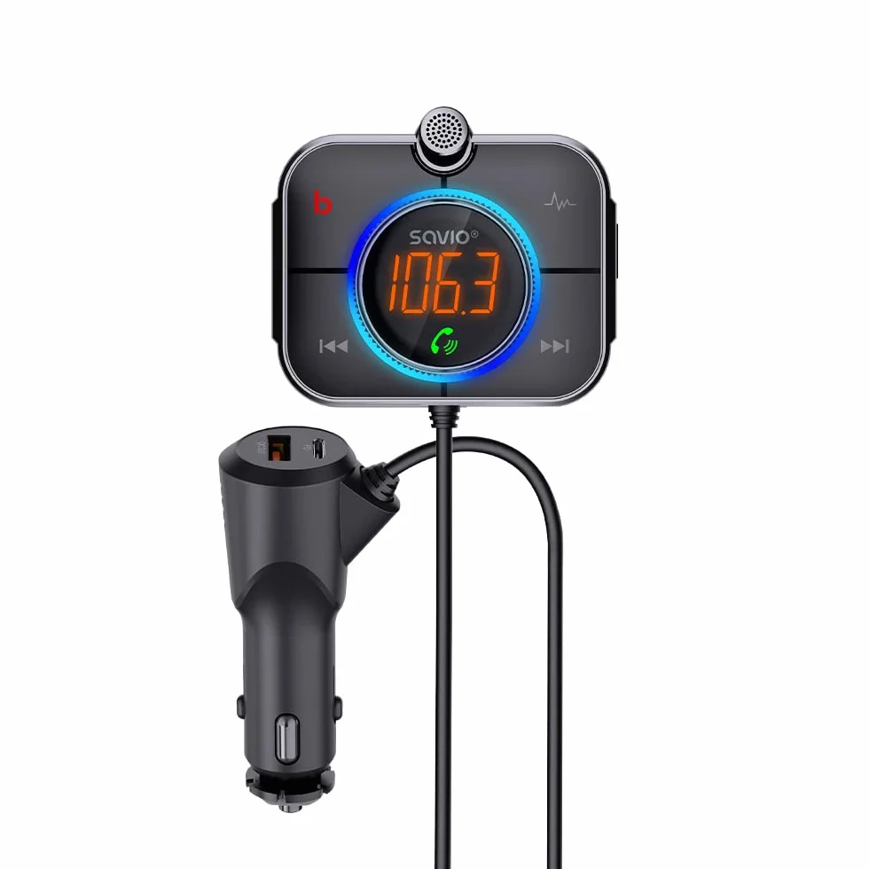 SAVIO Adapter Bluetooth do zapalniczki samochodowej - Nadajnik FM do samochodu Bluetooth - Adapter Bluetooth do samochodu - Adapter Bluetooth do radia samochodowego - Bluetooth 5.0 - Karta SD