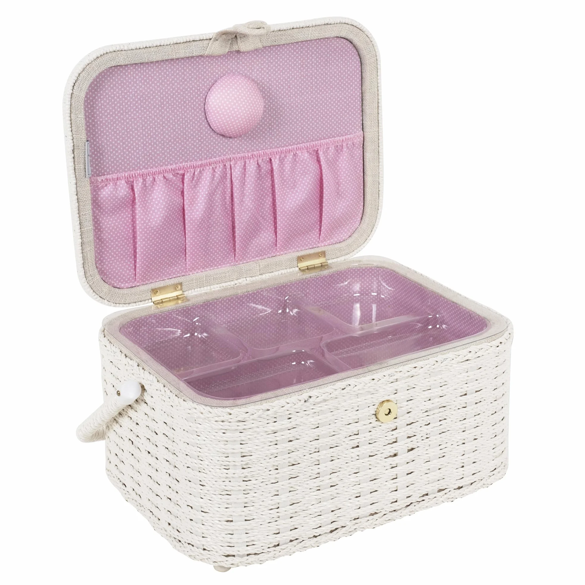 Hobby Gift Owalna skrzynka na przybory do szycia - duża, wygląd bawełny i lnu, haftowany wzór „Ma Couture”, boki i uchwyt z wikliny, wewnętrzna tacka, kieszeń i poduszka na szpilki, 23,5x31,5x16cm
