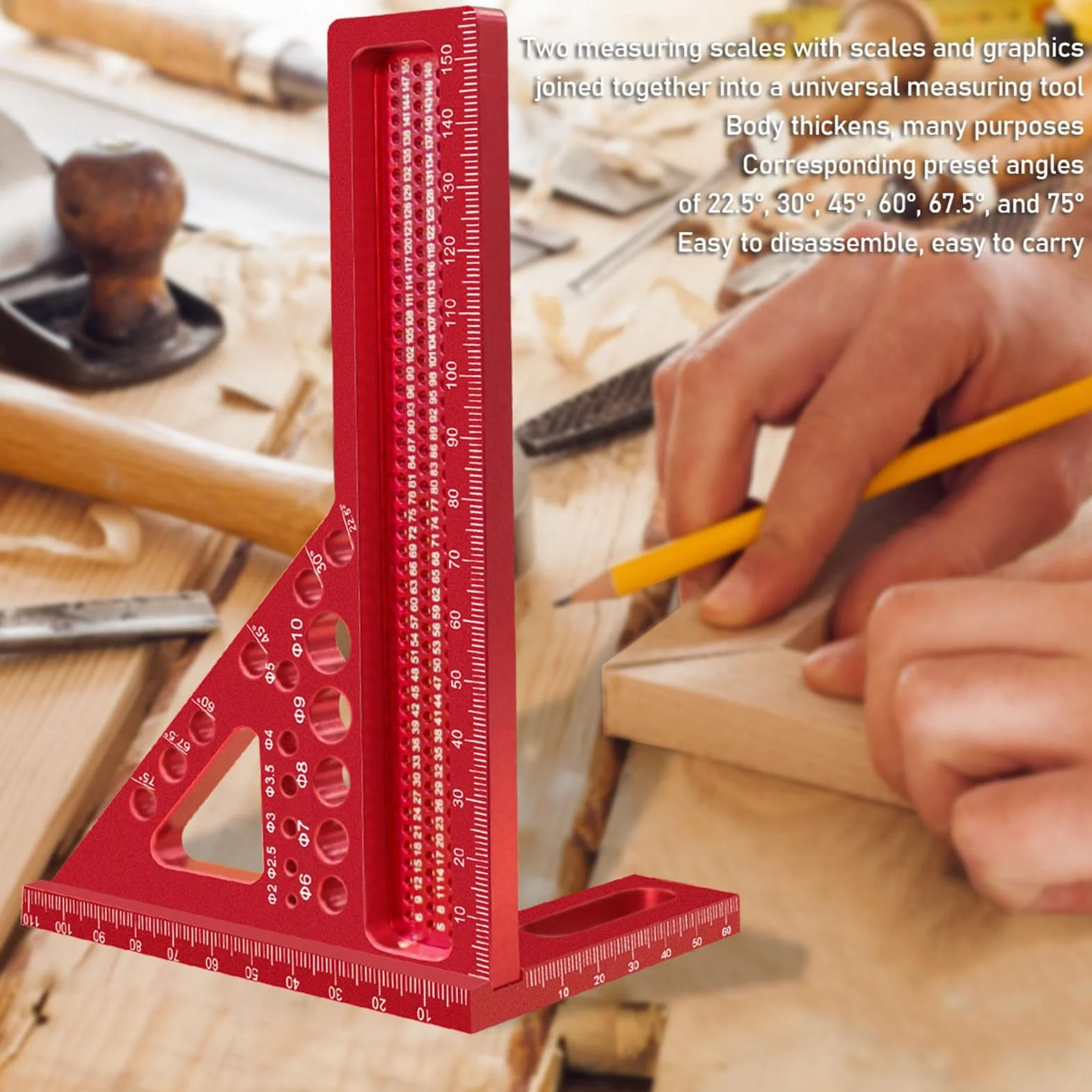 VOBOR Kąt nachylenia 3D 22,5-90°, kąt ciesielski ze stopu aluminium, wysoka precyzja obróbki drewna z 11 otworami wiertniczymi, narzędzie pomiarowe dla stolarzy i inżynierów