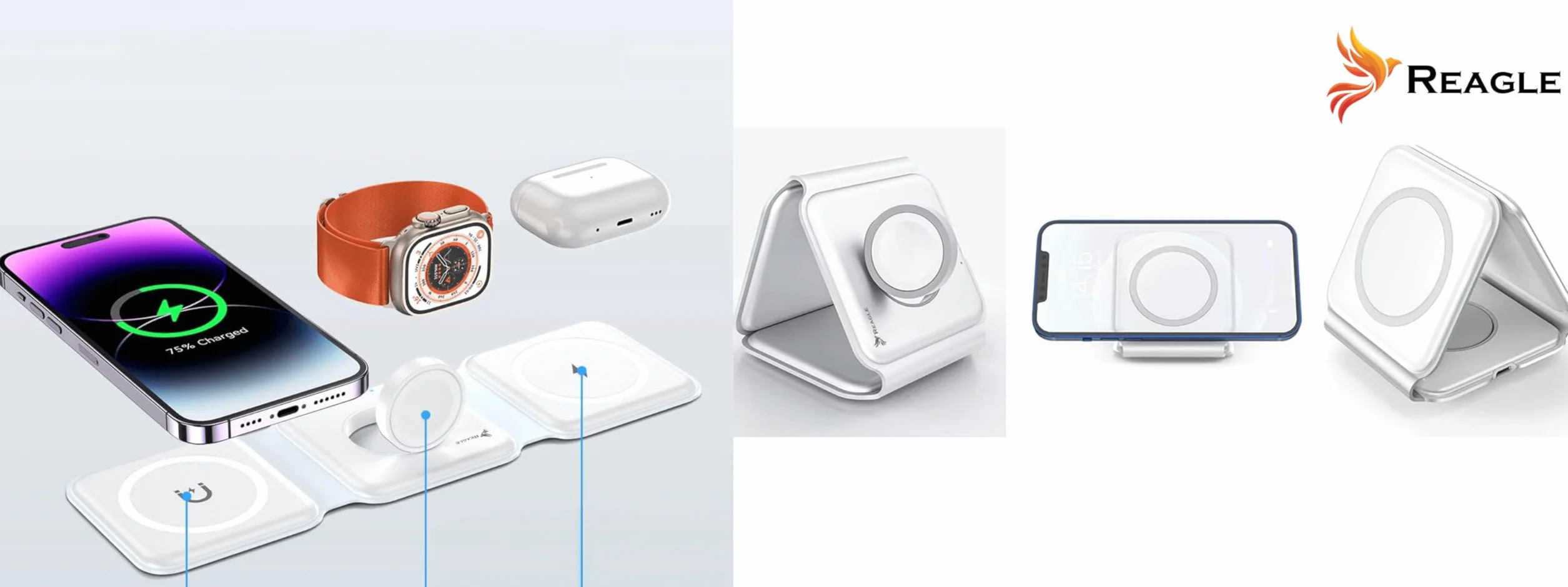 Reagle Składana indukcyjna bezprzewodowa ładowarka 3 w 1, 15 W stacja ładująca do Samsung S25 Apple Watch standard Qi