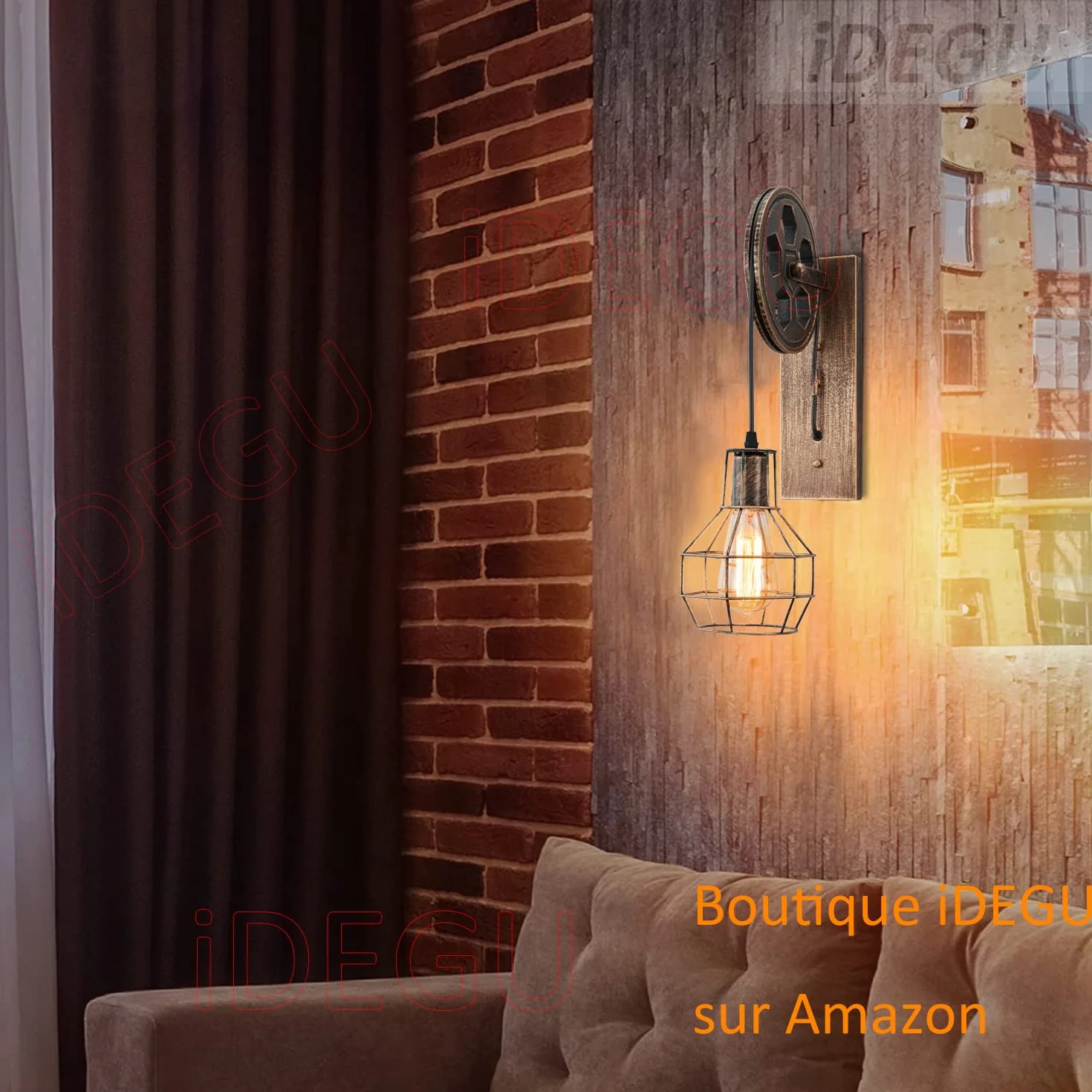 iDEGU 2 sztuki przemysłowych lamp ściennych, w stylu vintage, z koła pasowego, lampa retro z metalu i drewna, lampa wisząca do sypialni, salonu, restauracji, kawiarni, baru, korytarza, brązu