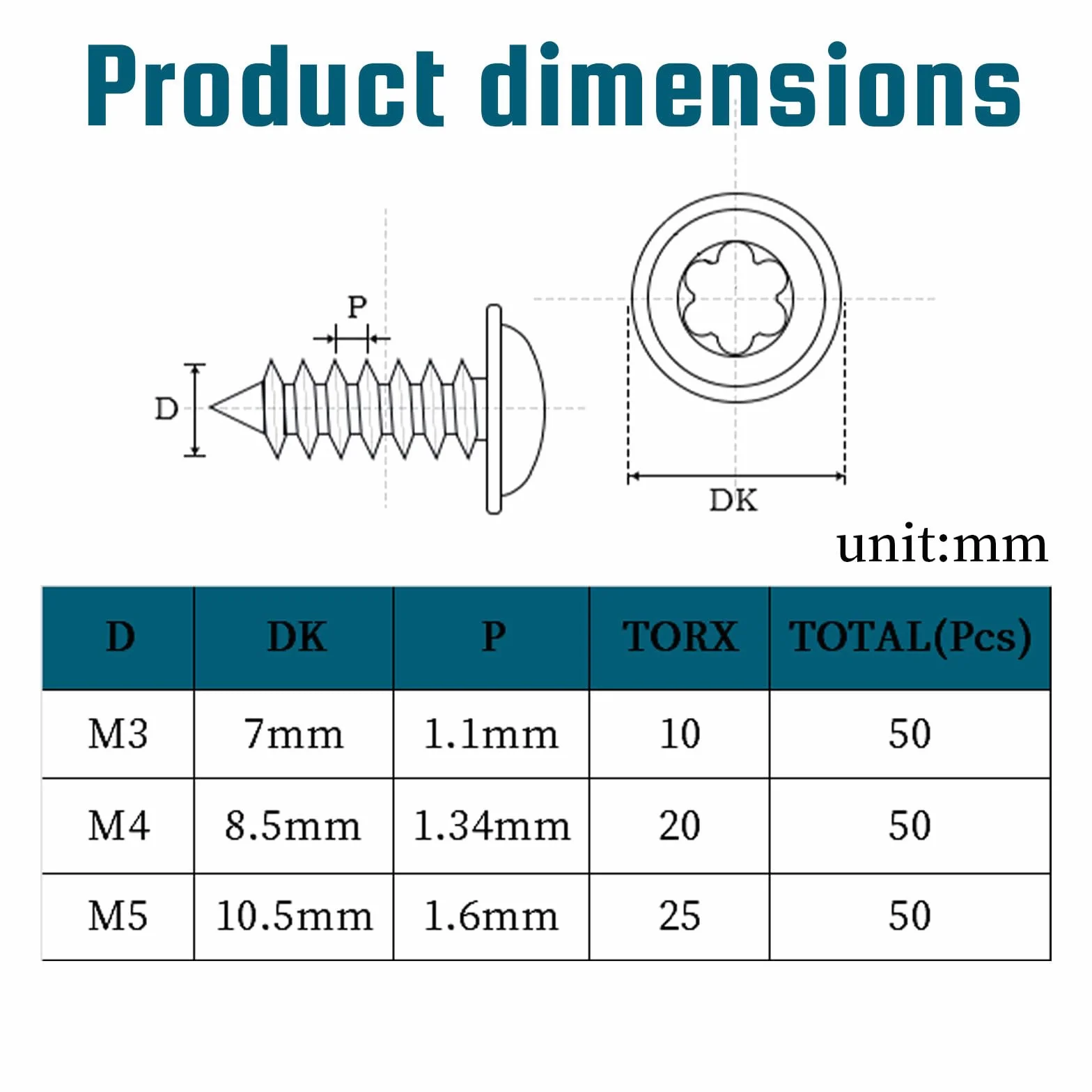 50 sztuk Śrub do Drewna M3x16mm Torx z Łbem Płaskim, Śruby do Blachy ze Stali Nierdzewnej z Łbem Płaskim i Podkładką, A2 V2A Nierdzewne, Samogwintujące