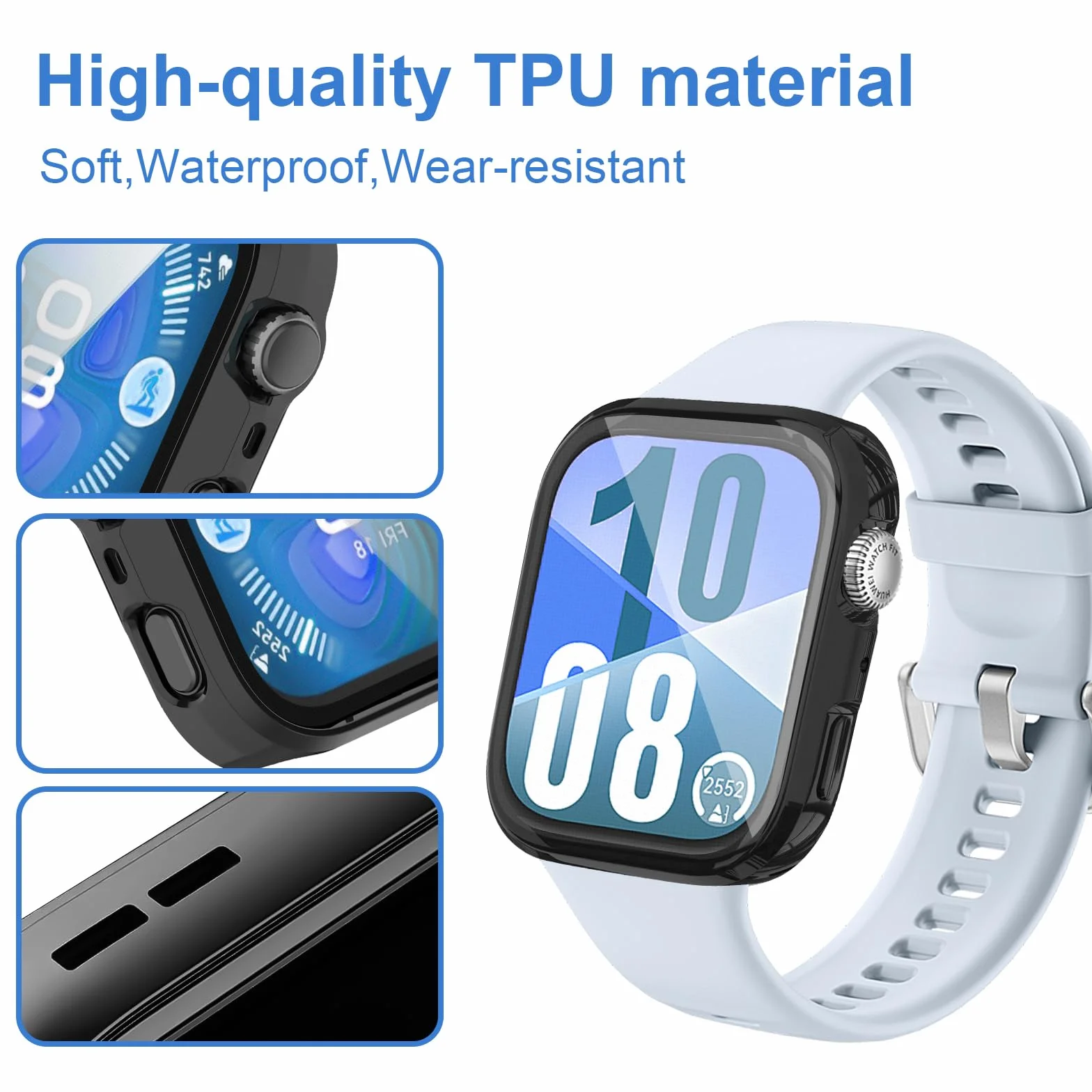 VOSSOT 5 sztuk etui na Huawei Watch Fit 4 z płócienką do czyszczenia, obudowa na smartwatcha, etui TPU, lekka, miękka osłona odporna na zarysowania, kolor: czarny, srebrny, przezroczysty, różowy