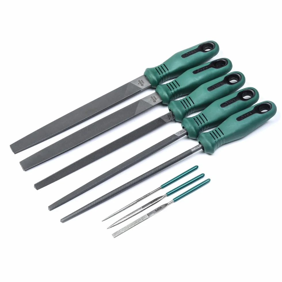 SATA ST09910 8-częściowy zestaw metalowych pilników zawierający płaskie, półokrągłe, kwadratowe pilniki z ergonomicznymi uchwytami w tacy do przechowywania