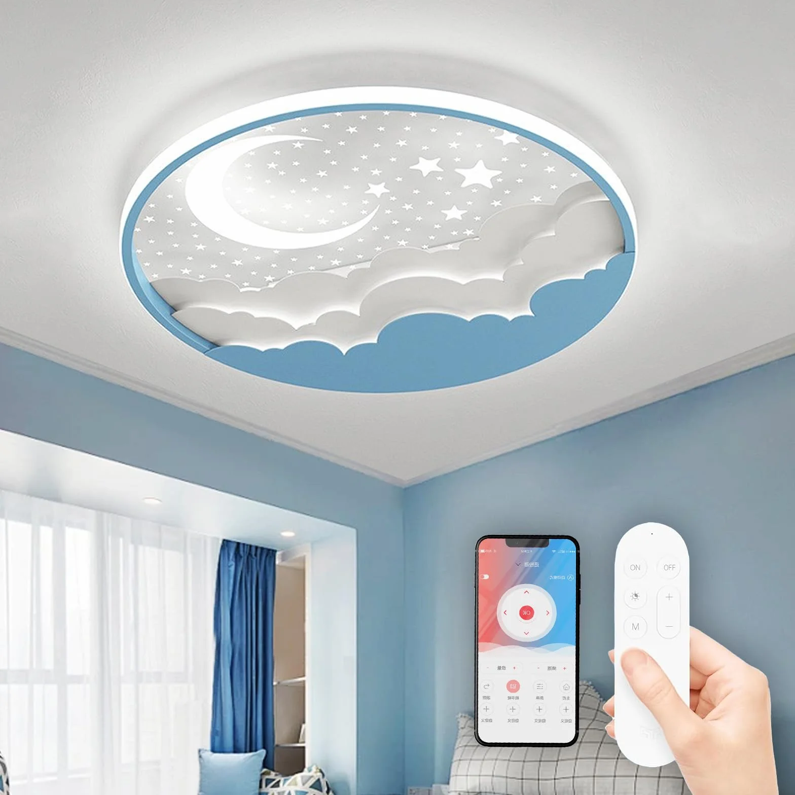 Lampa Dziecięca Sufitowa LED, Nowoczesna Księżyc Lampa Sufitowa z pilotem, do Dzieci, Dziewczynek, Chłopców, do Salonu, Sypialni, Pokoju