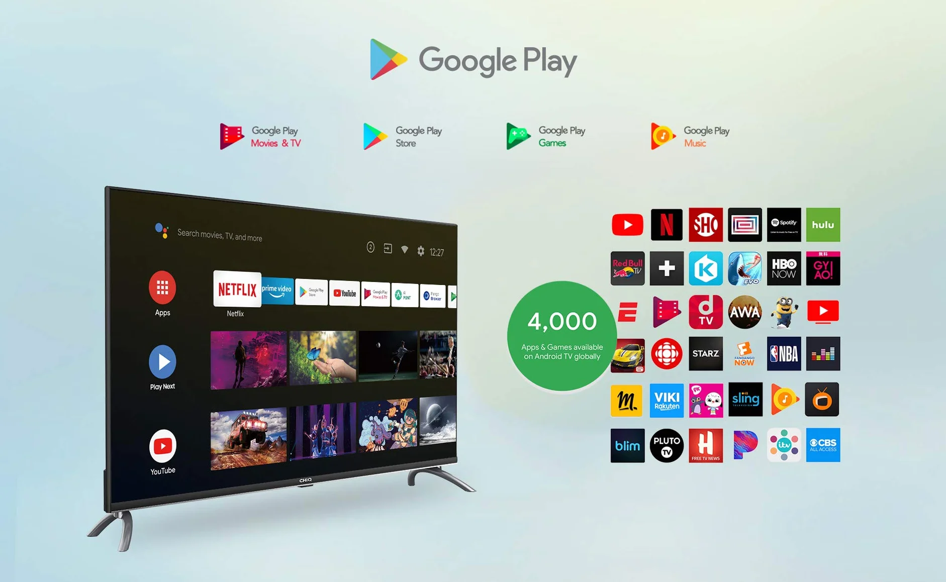 CHIQ U50H7A, 50", Android Smart TV, UHD, 4K, WiFi, Bluetooth, Google Assistant, Netflix, Prime Video, 3 HDMI, 2 USB