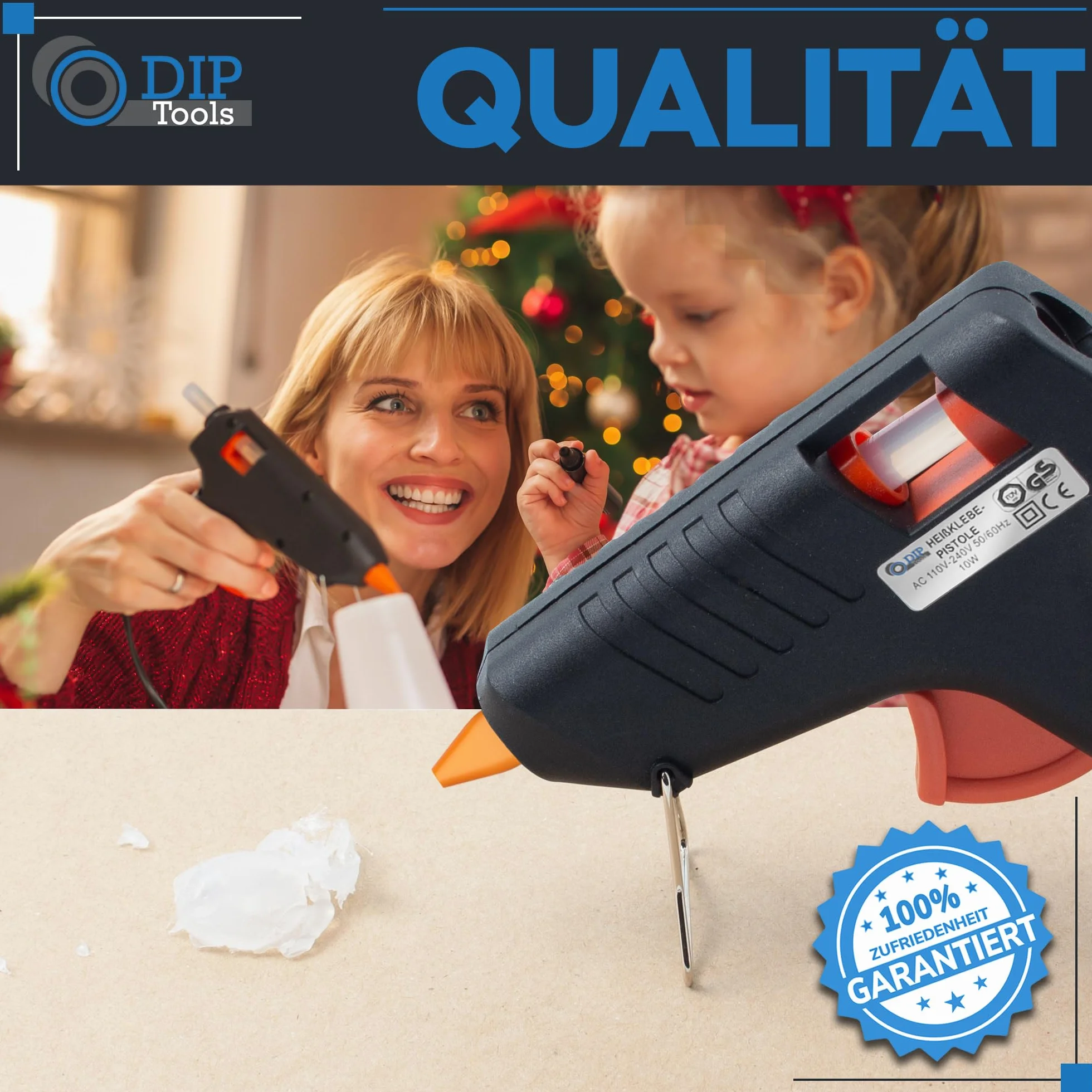 DIP Tools Pistolet do klejenia na gorąco 7.2 mm – pistolet do klejenia na gorąco z 10 wkładami bez rozpuszczalników – Glue Gun zabezpieczony przed wyciekiem, idealny do majsterkowania, dekorowania