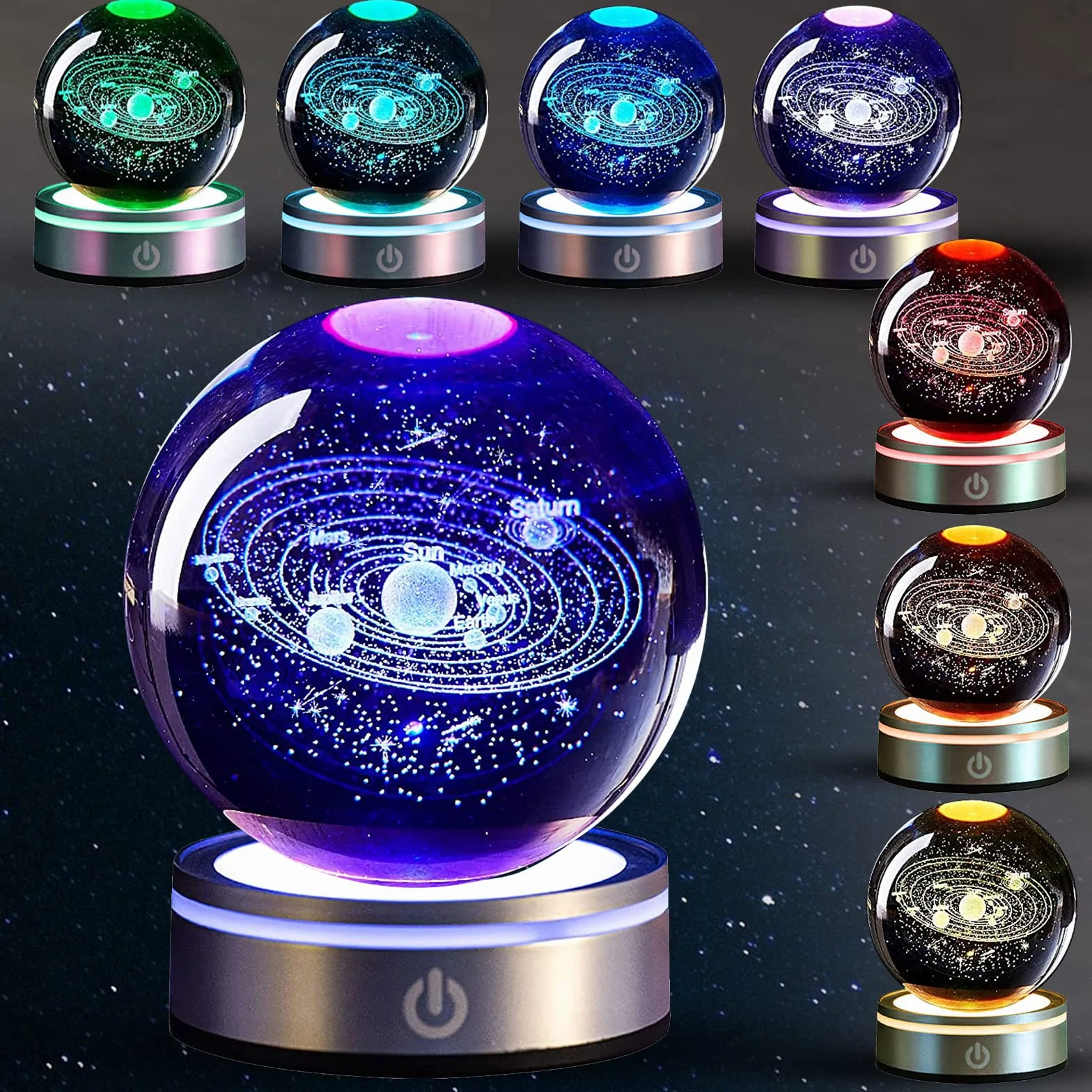 Kryształowa kula 3D, kryształowa kula 3D, światło nocne, układ słoneczny 3D, kryształowa kula z diodami LED, kolorowa lampka nocna, podstawa, kabel USB do transmisji danych, astronomia, prezent