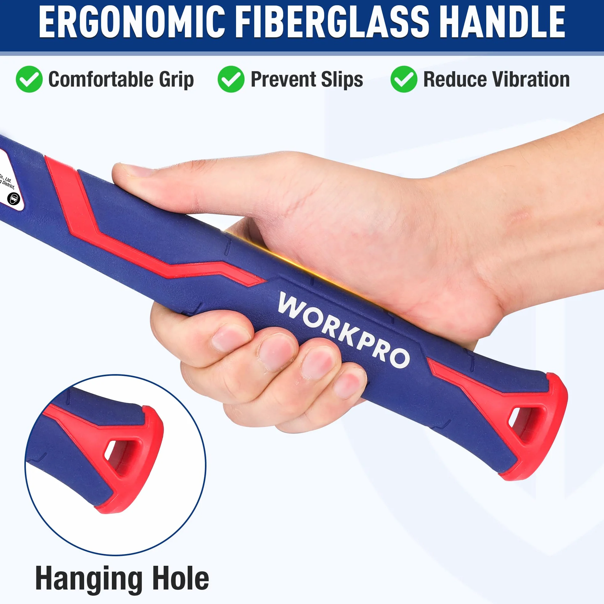 Workpro Młot kowalski 1,68 kg, Młot kowalski z trzonkiem z włókna szklanego, trzonek 31 cm, głowica ze stali kutej, ergonomiczny uchwyt antypoślizgowy, do prac ogrodniczych, budowlanych