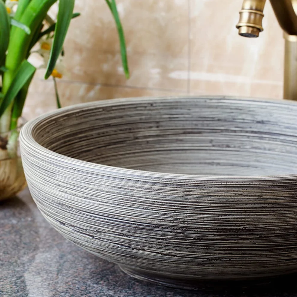 Ceramiczna Umywalka Nablatowa, Okrągła Umywalka, Artystyczna Umywalka Łazienkowa, Retro Umywalka Nablatowa, Szczotkowana Wewnątrz I Na Zewnątrz, Trwała, 41 X 41 X 15 Cm