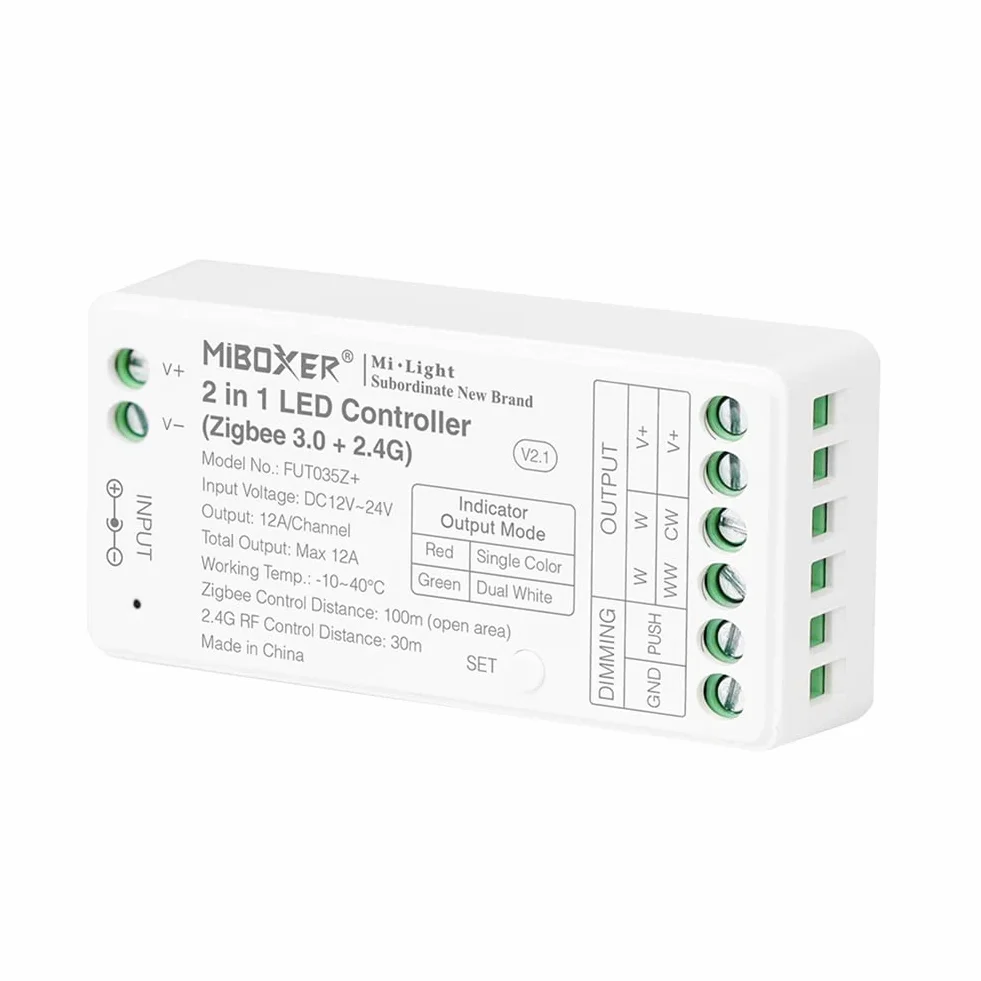 LGIDTECH FUT035Z+ 2 w 1 kontroler taśmy LED Zigbee 3.0 + 2,4G, działa z jednokolorowymi i CCT Dual-White LED pasami LED, kompatybilny z Philips Hue, Echo Plus (2. generacji)