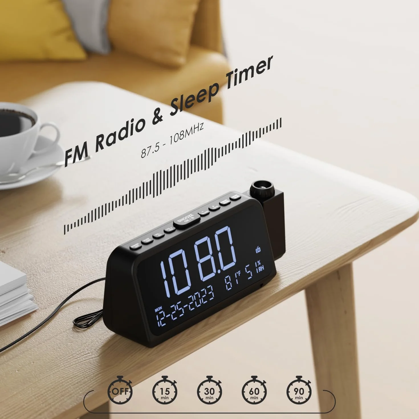 Radiobudzik z projekcją, budzik z projektorem do sypialni, typ C i port USB, dzień tygodnia/weekend, zegar projekcyjny DST, ściemniacz/temperatura/data, cyfrowy budzik na stolik nocny do biura
