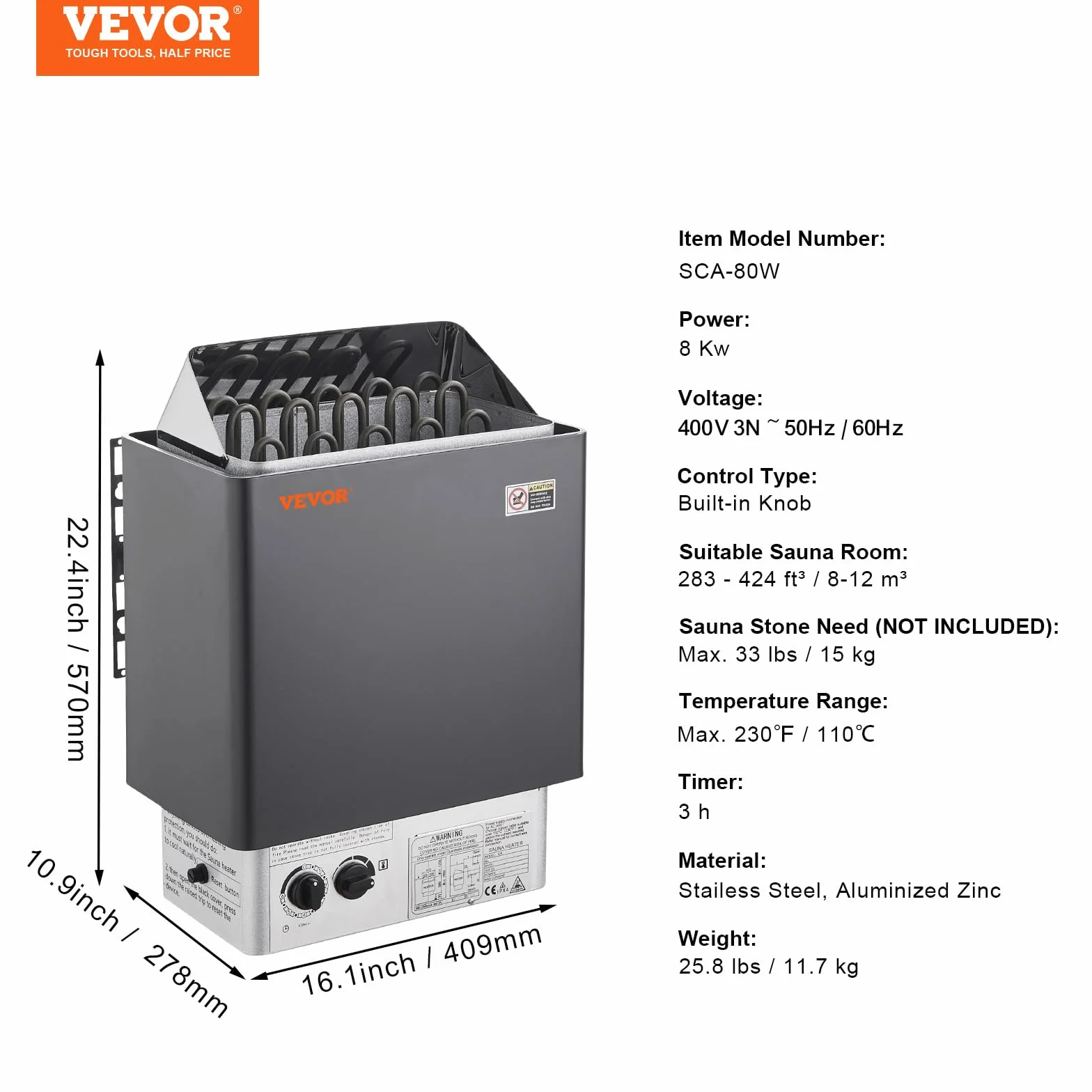 VEVOR Przenośny elektryczny podgrzewacz do sauny 8 kW 400 V 3N z zegarem 3h wbudowany kontroler 110 ° C maks. do sauny 8-12 m³ Hotel Spa prysznic komercyjny użytek komercyjny, kamienie nie są