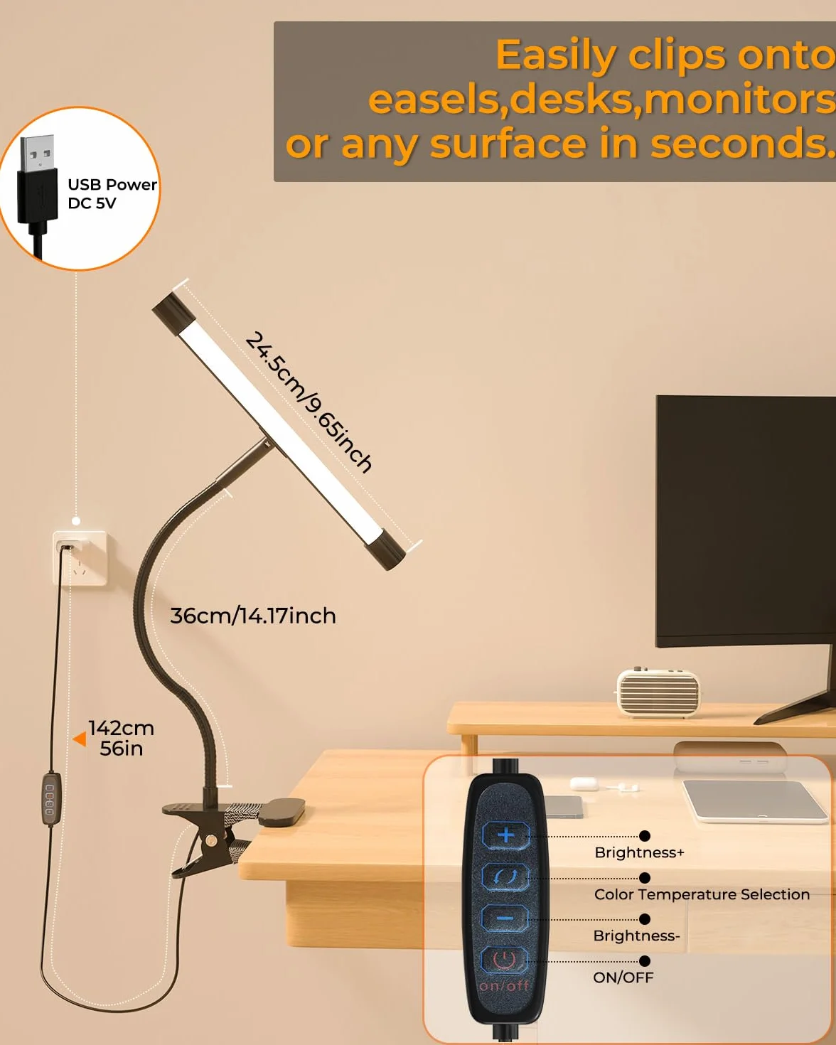 Lampa Clip-On 7W do Sztalugi Malarskiej, 3 Tryby Kolorystyczne + 10 Poziomów Jasności, Elastyczny Stojący Klips do Biurka/Piana (Zasilanie USB, Bez Adaptera) [Klasa Energetyczna A]