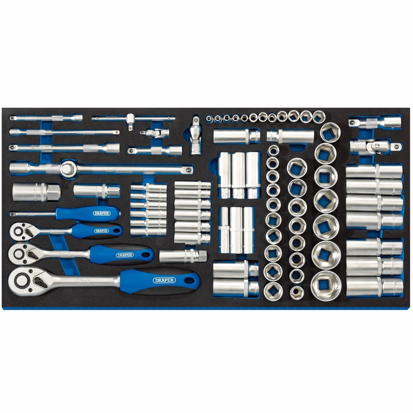 Draper 63540 1/4", 3/8" i 1/2", 84-częściowy zestaw z pełną szufladą z wkładką EVA, niebieski