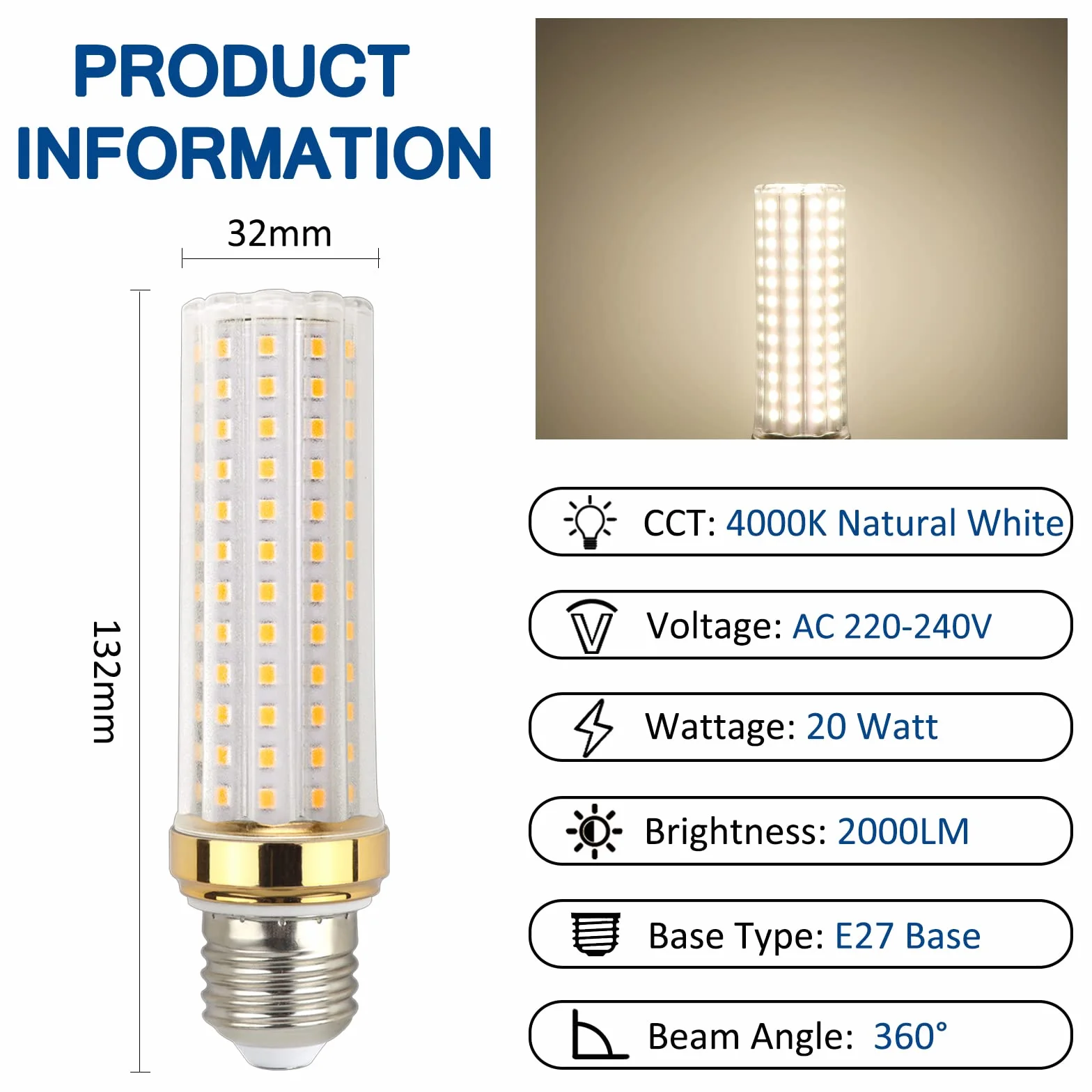 Philips E27 LED 20 W, naturalna biel, 4000 K, 2000 lm, 88 diod LED, odpowiednik żarówek halogenowych 150 W, AC 230 V, śrubowe żarówki kukurydziane LED do lamp podłogowych i sufitowych, 4 sztuki