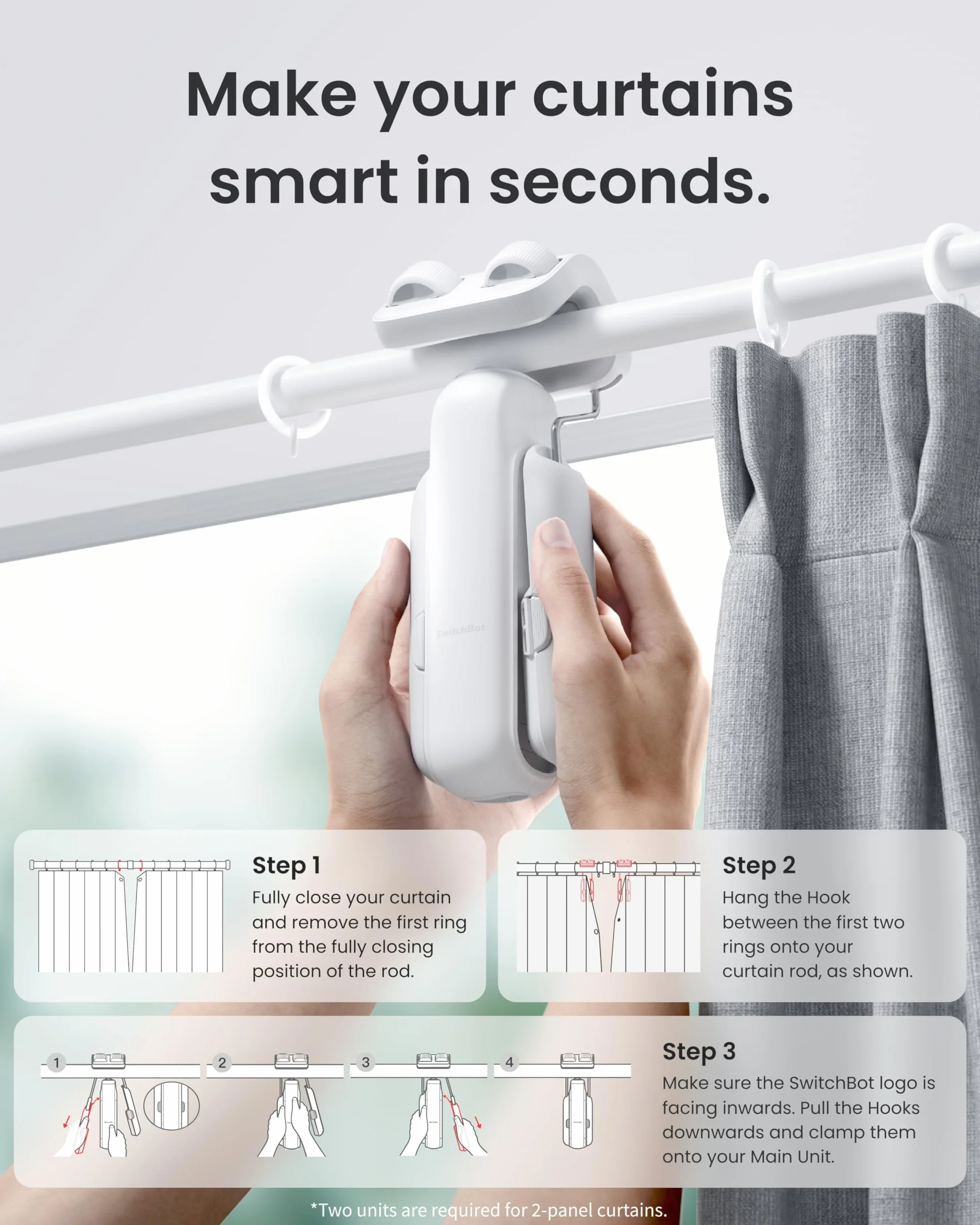 SwitchBot Curtain 3 Inteligentny automatyczny mechanizm do zasłon, pilot Bluetooth z aplikacją/timerem, wydajny silnik, obsługuje Alexę, Google Home, HomeKit za pomocą urządzenia Hub, do drążka