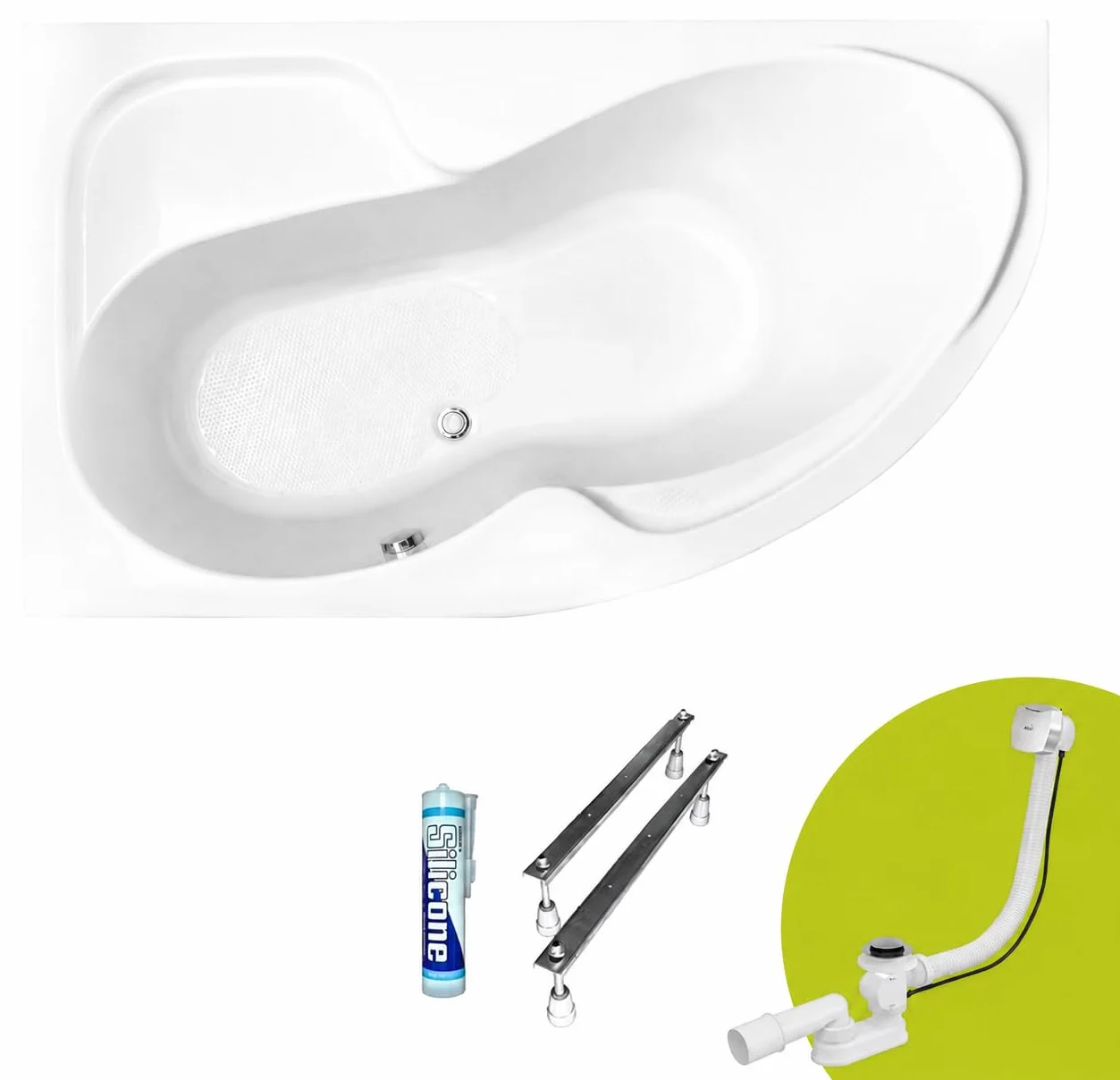Wanna narożna ECOLAM® WELA 150x100 cm LEWA | Wanna wysokiej jakości, akrylowa, sanitarna, akrylowa + armatura odpływowa, automatyczny odpływ i przelew, silikonowe nóżki, antypoślizgowa, łatwa do czysz