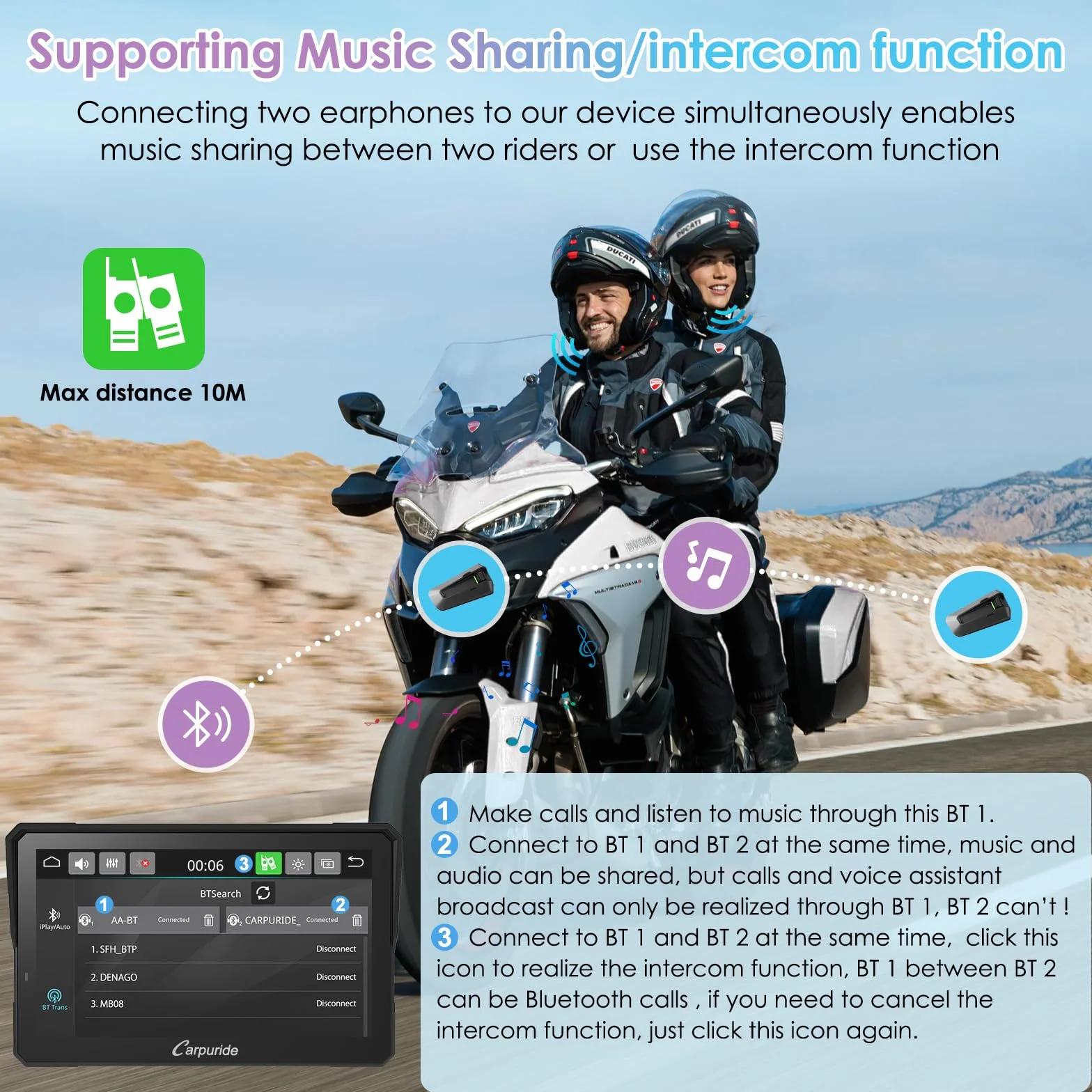 CARPURIDE W702S Pro Moto Carplay ekran 7" bezprzewodowy CarPlay Android Auto wodoodporny dotykowy podwójny Bluetooth