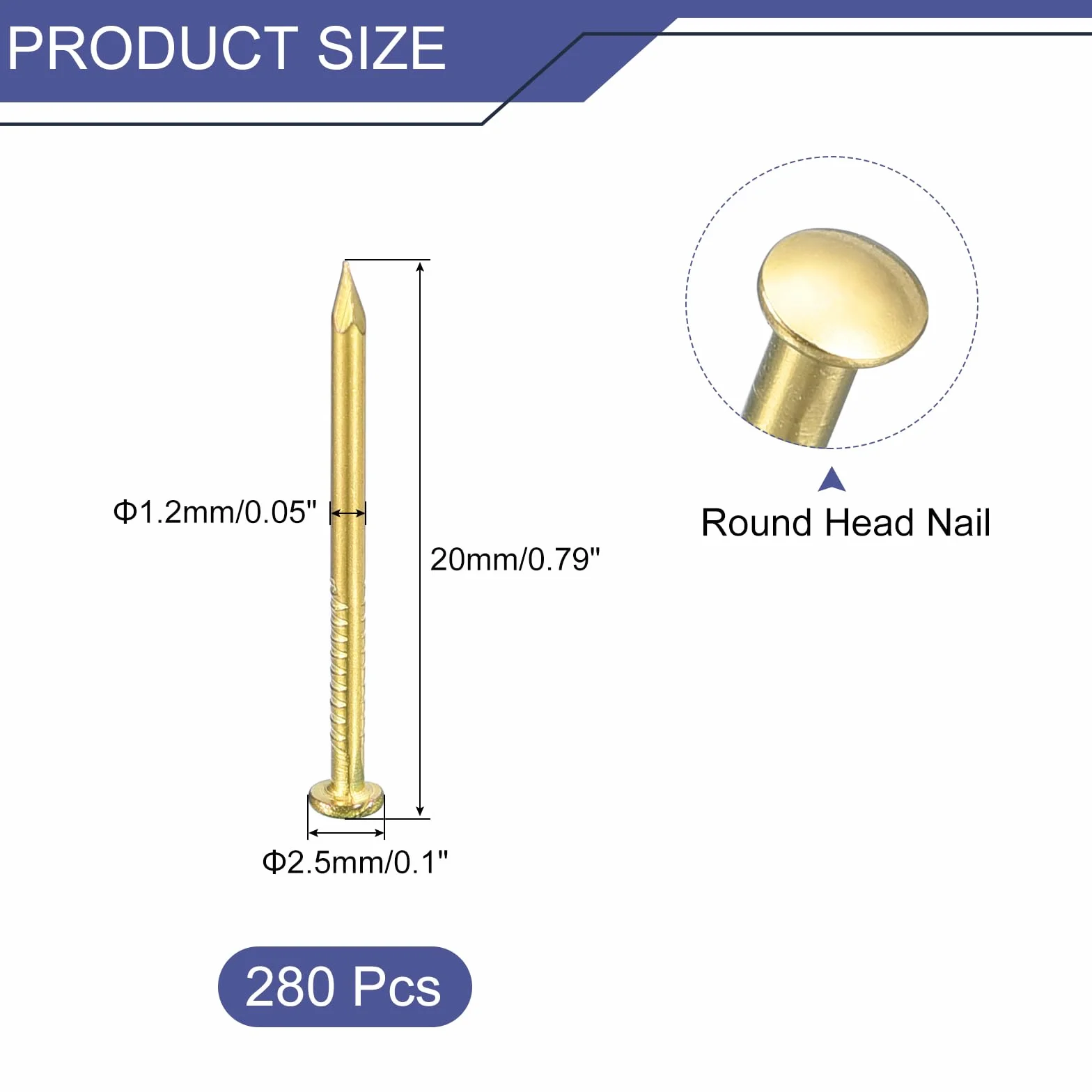 QUARKZMAN 280 sztuk małych gwoździ 1,2 x 20 mm (DxL), małe mosiężne gwoździe, okucia, okrągła głowica, mosiężne gwoździe do drewna, projektów DIY, dekoracyjnych pudełek, gospodarstwa domowego, odcień